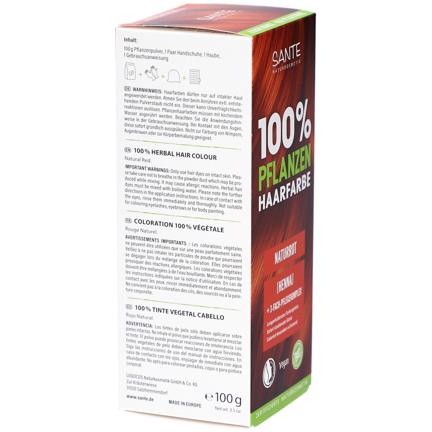 Dos de la boîte Sante Pflanzen Haarfarbe Naturrot. Contient 100g de poudre végétale, gants et mode d'emploi.