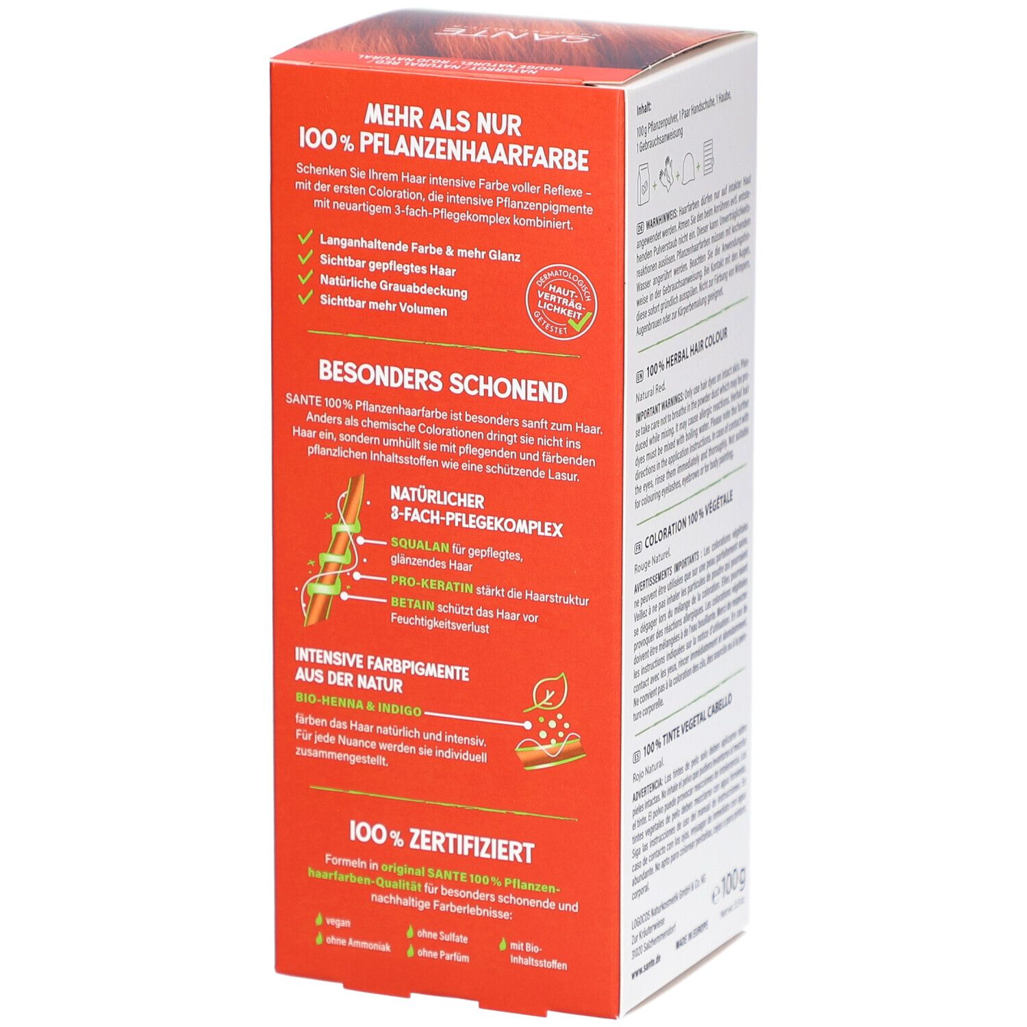 Côté de la boîte Sante Pflanzen Haarfarbe Naturrot. Informations sur le complexe de soin triple et les ingrédients.