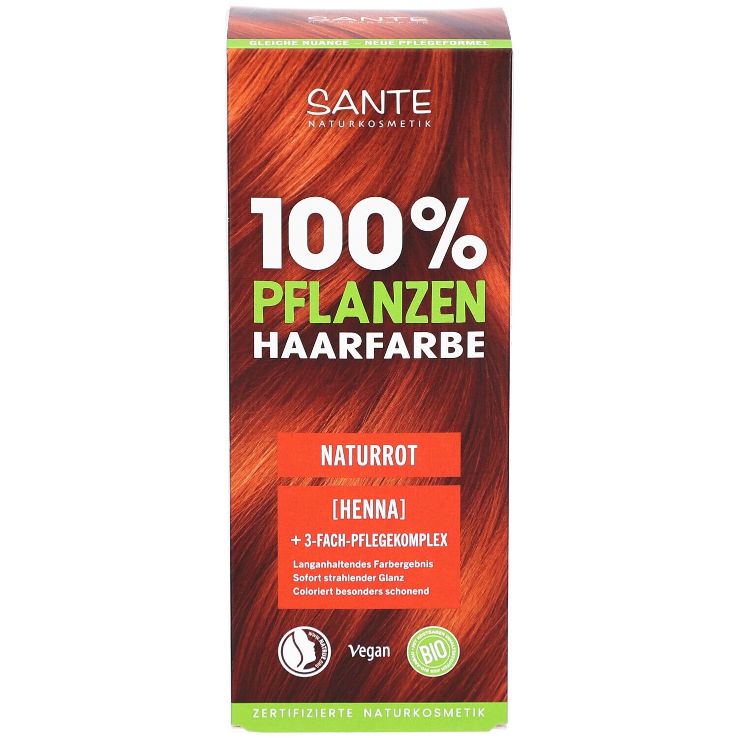 Face avant de la boîte Sante Pflanzen Haarfarbe Naturrot. 100% Pflanzen Haarfarbe. Naturrot [Henna]. Vegan.