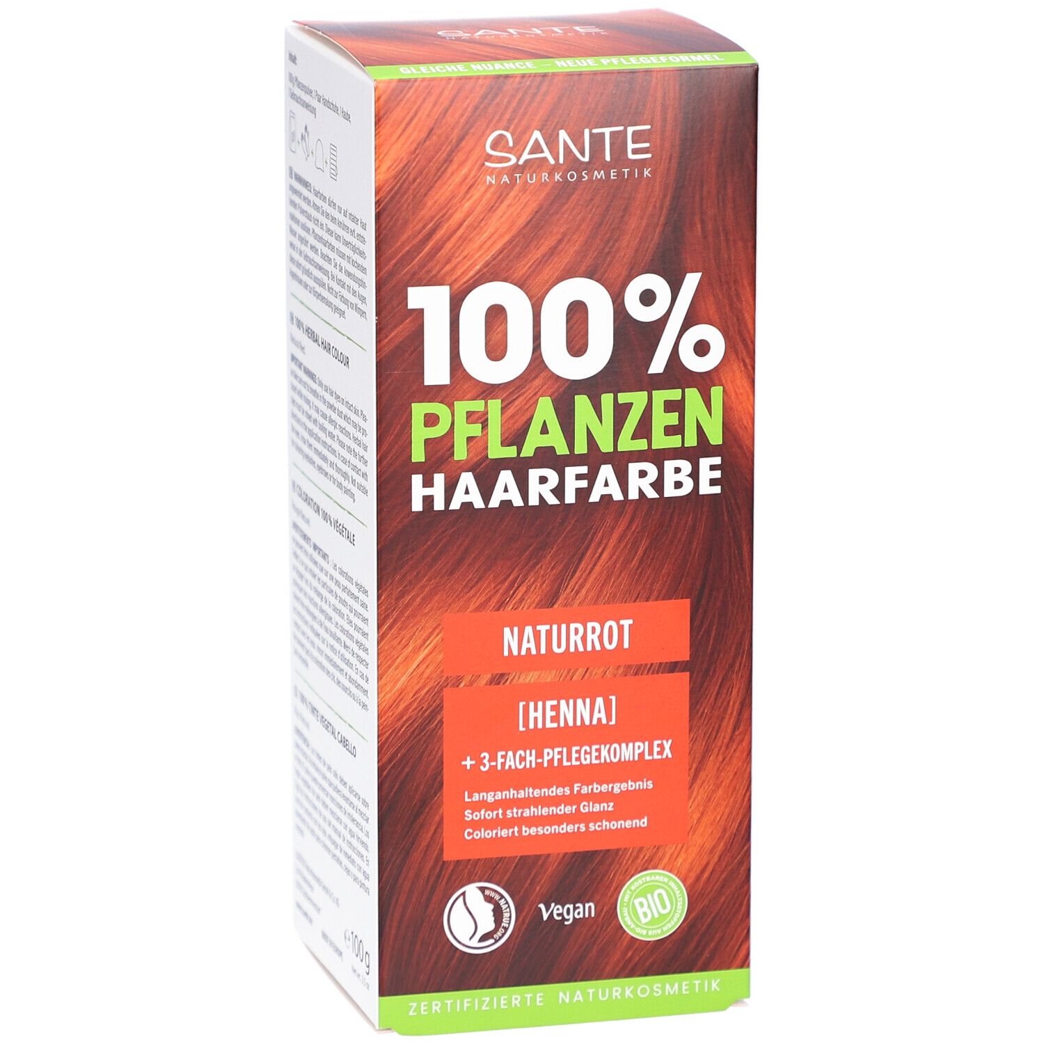 Face avant de la boîte Sante Pflanzen Haarfarbe Naturrot. 100% Pflanzen Haarfarbe. Naturrot [Henna]. Vegan.
