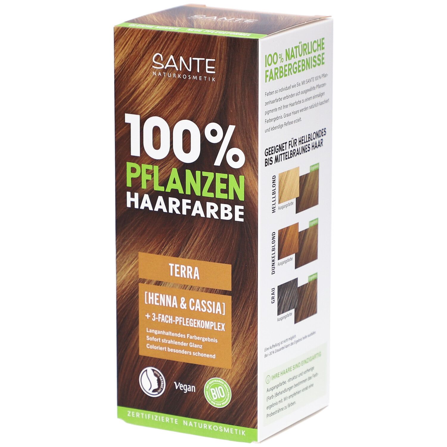 Boîte de Sante Pflanzen Haarfarbe Terra. Informations produit, logo et visuel de cheveux colorés.