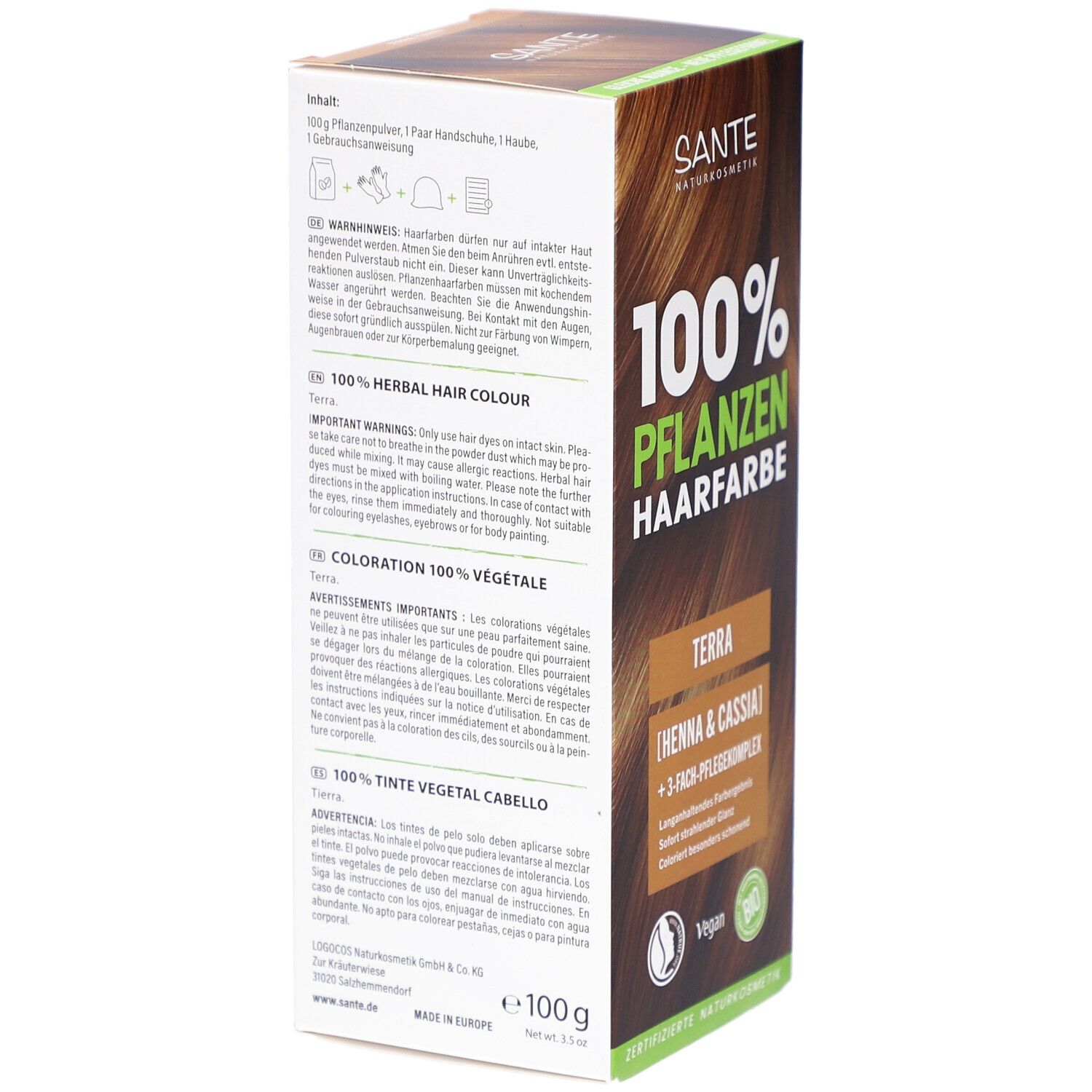 Dos de la boîte Sante Pflanzen Haarfarbe Terra. Texte en allemand, avertissements et ingrédients.