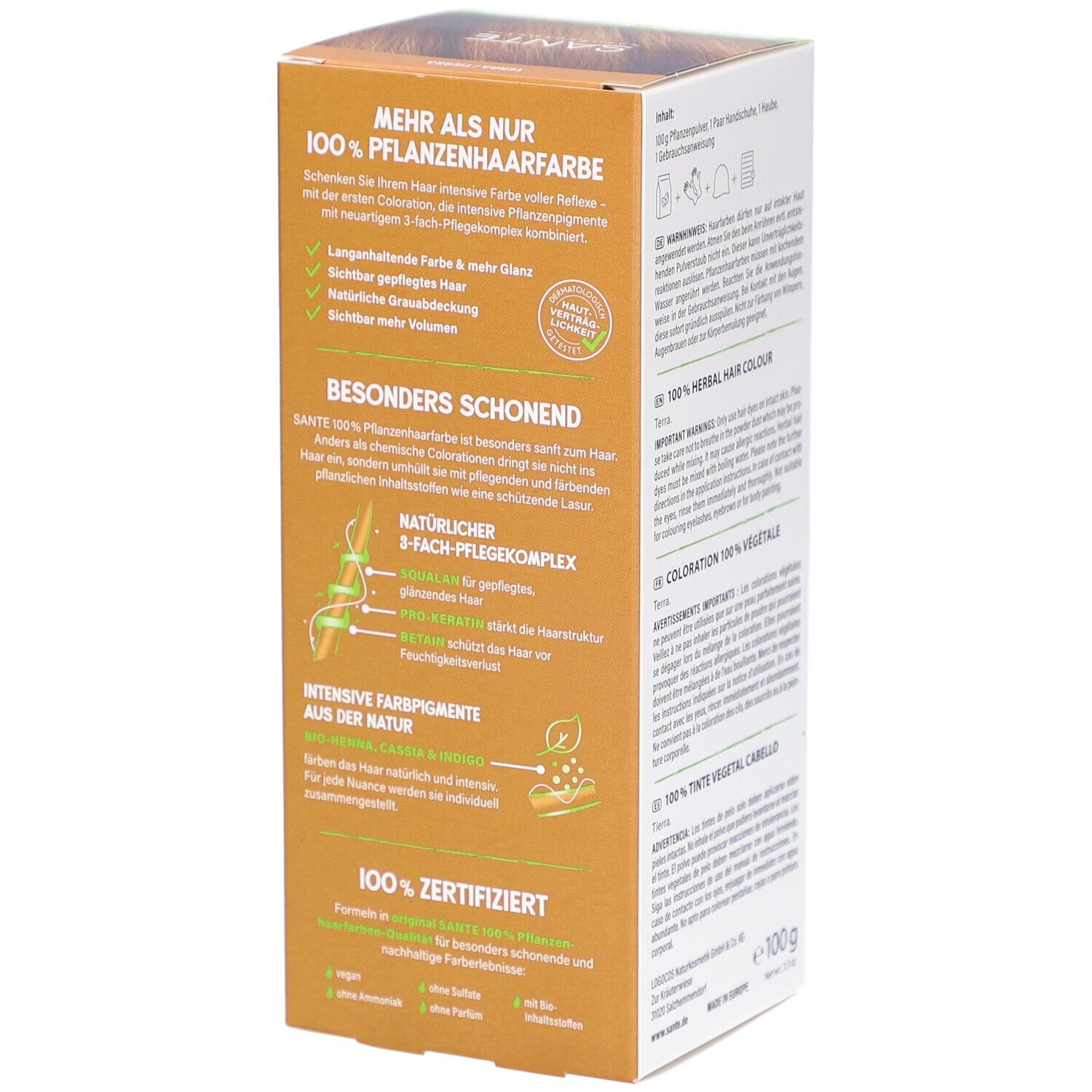 Côté de la boîte Sante Pflanzen Haarfarbe Terra. Texte sur les avantages et certifications.