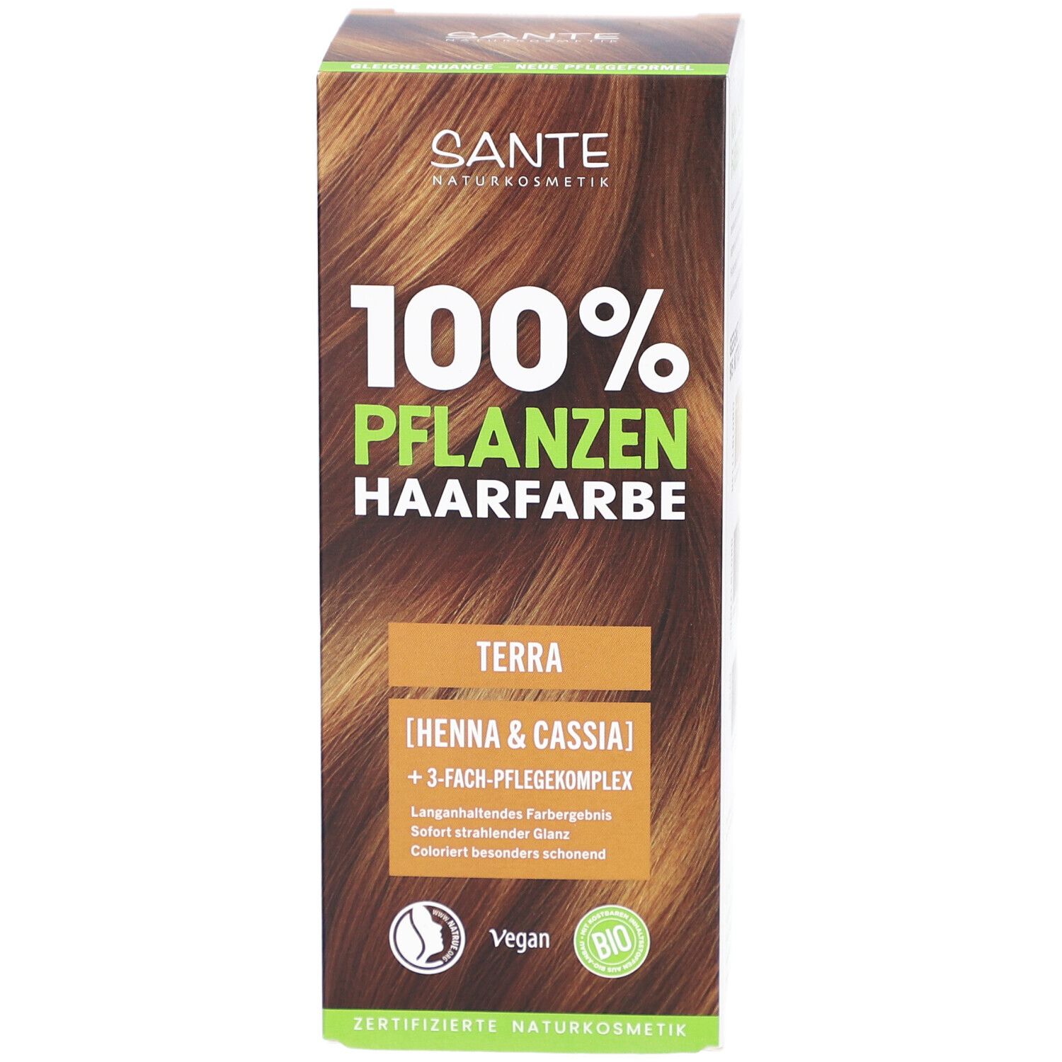 Vue de face de la boîte Sante Pflanzen Haarfarbe Terra. Nom du produit et logo.