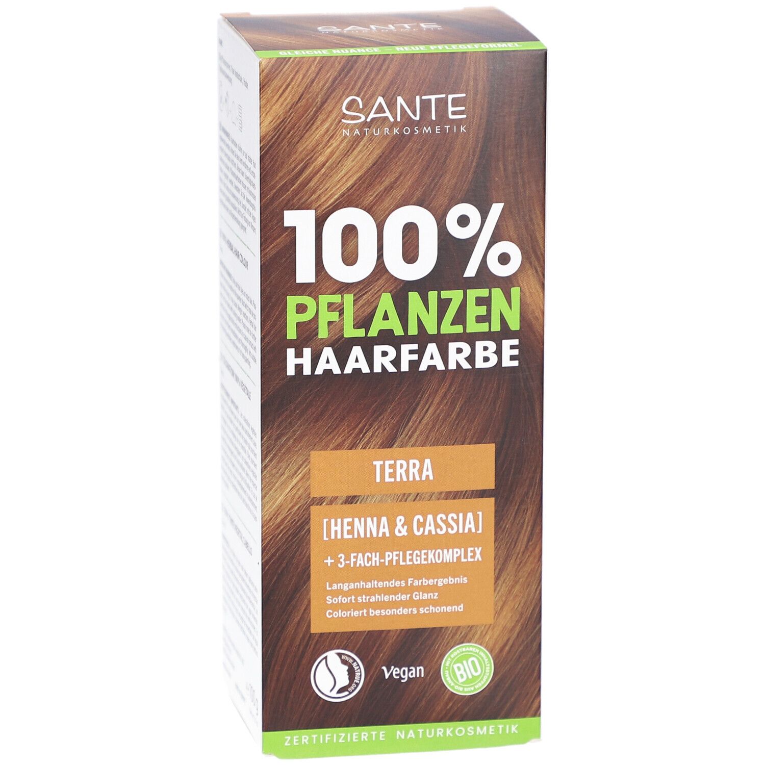 Vue de face de la boîte Sante Pflanzen Haarfarbe Terra. Nom du produit et logo.