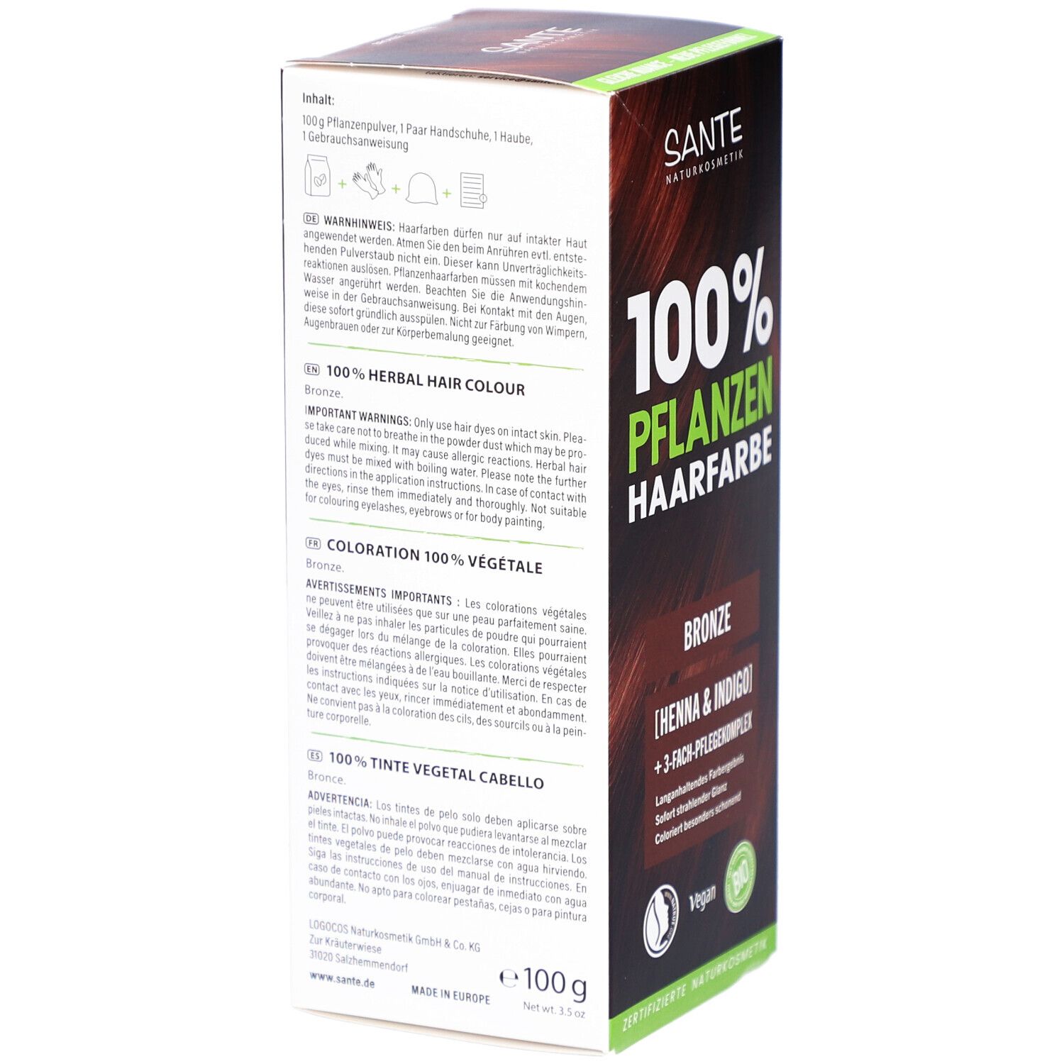 Dos de la boîte de SANTE 100% Pflanzenhaarfarbe. Contient avertissements et ingrédients. 100g.
