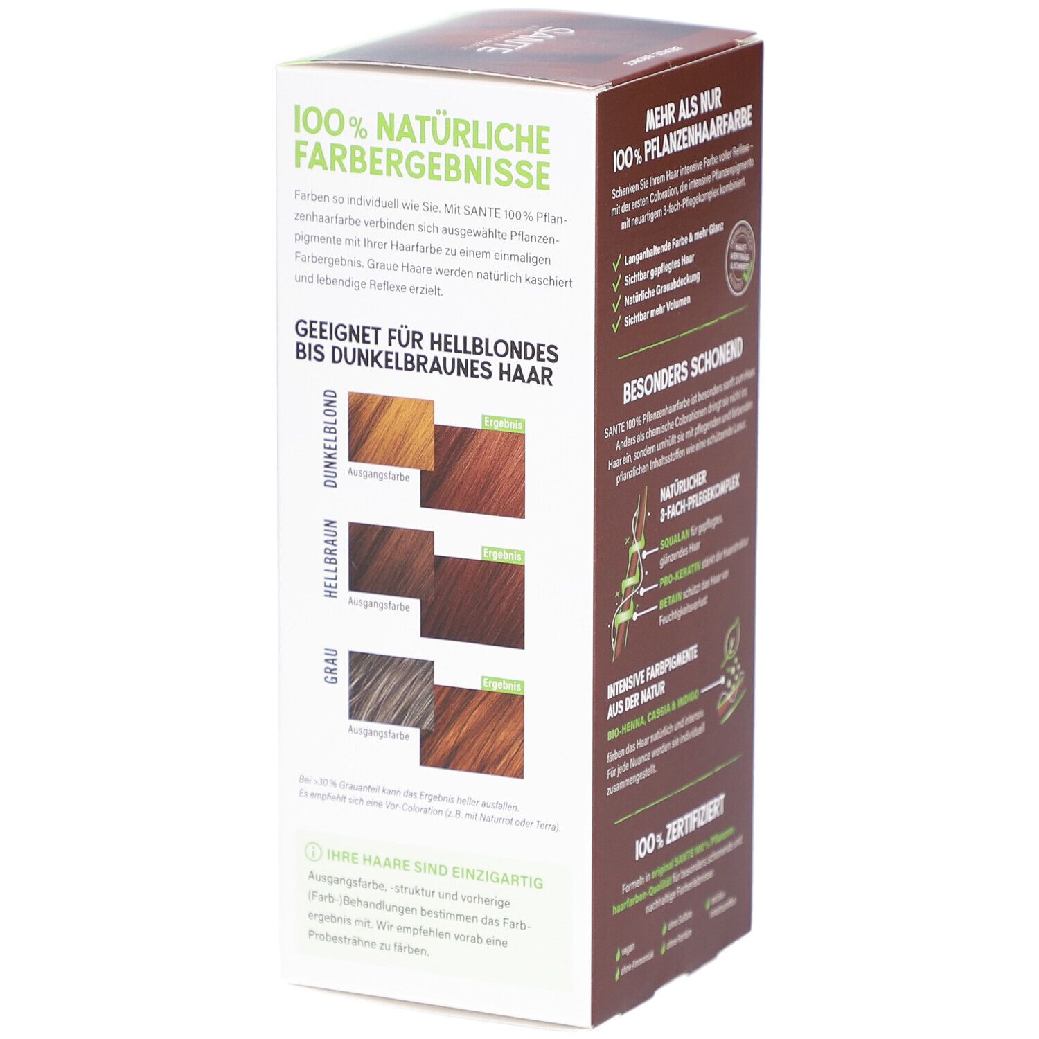Boîte de SANTE 100% Pflanzenhaarfarbe. Montre les résultats de couleur pour cheveux blonds clairs à bruns foncés. 100g.