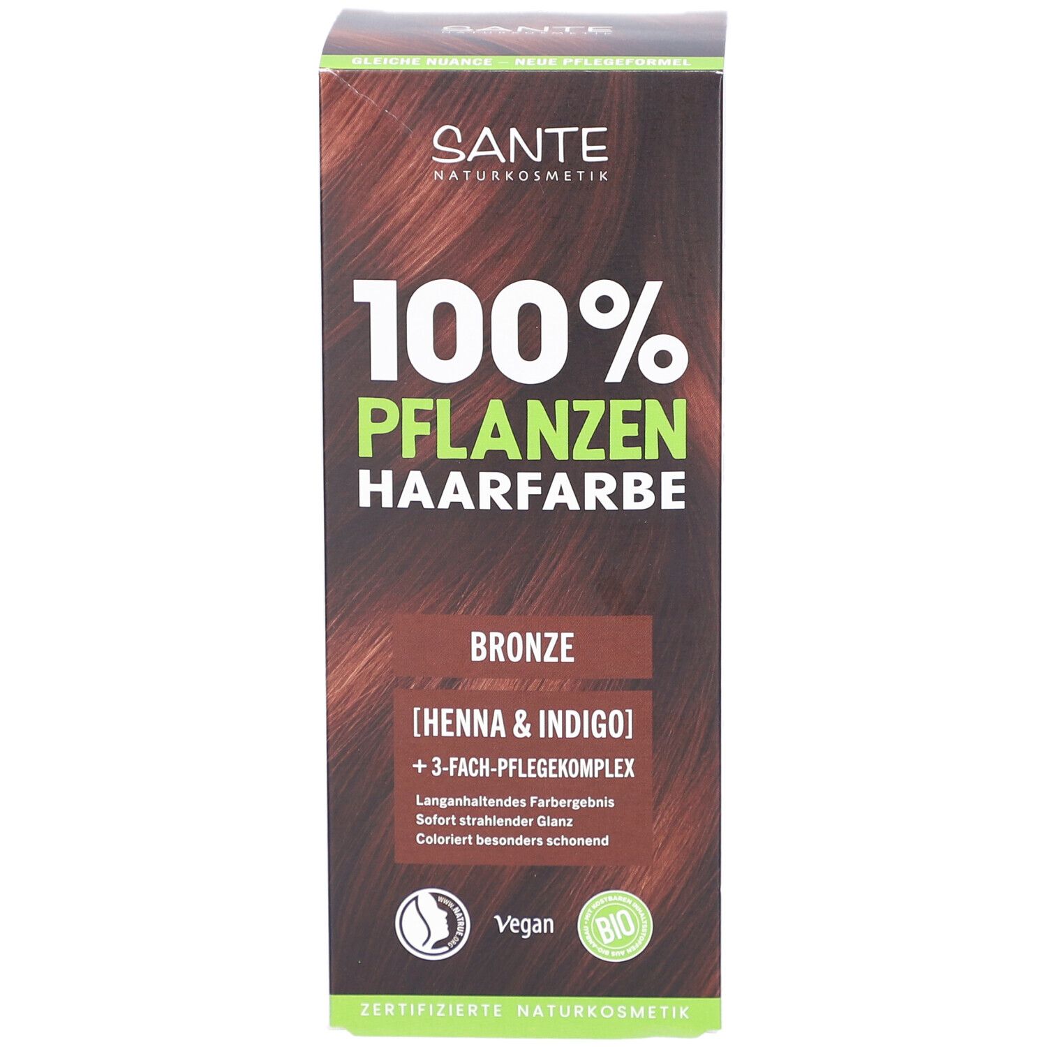 Face avant de la boîte SANTE 100% Pflanzenhaarfarbe, Bronze 03. Contient henné & indigo. Vegan et certifié bio.