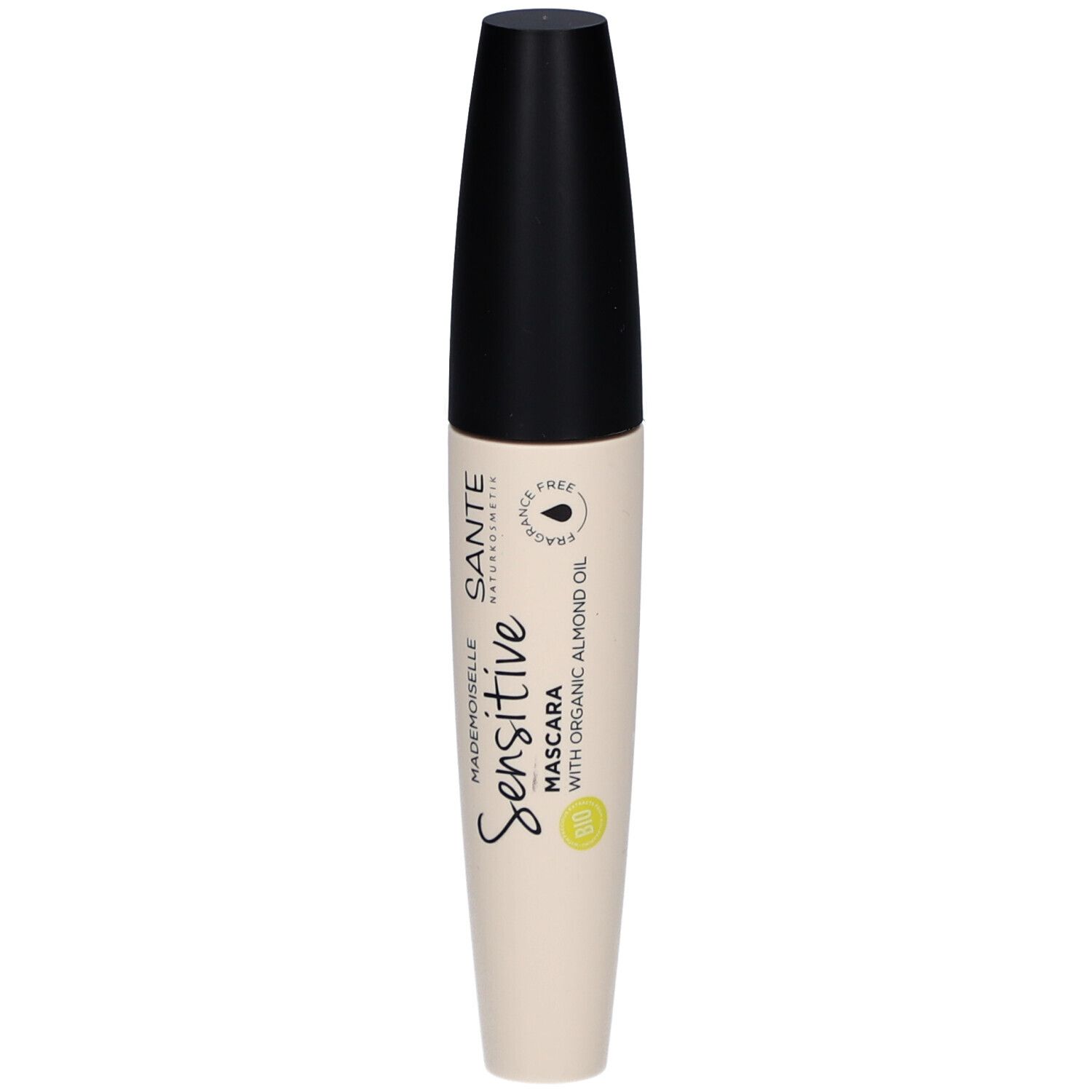 Tube de mascara noir et blanc. Inscription: SANTE Sensitive Mascara mit Bio-Mandelöl. Label vegan.