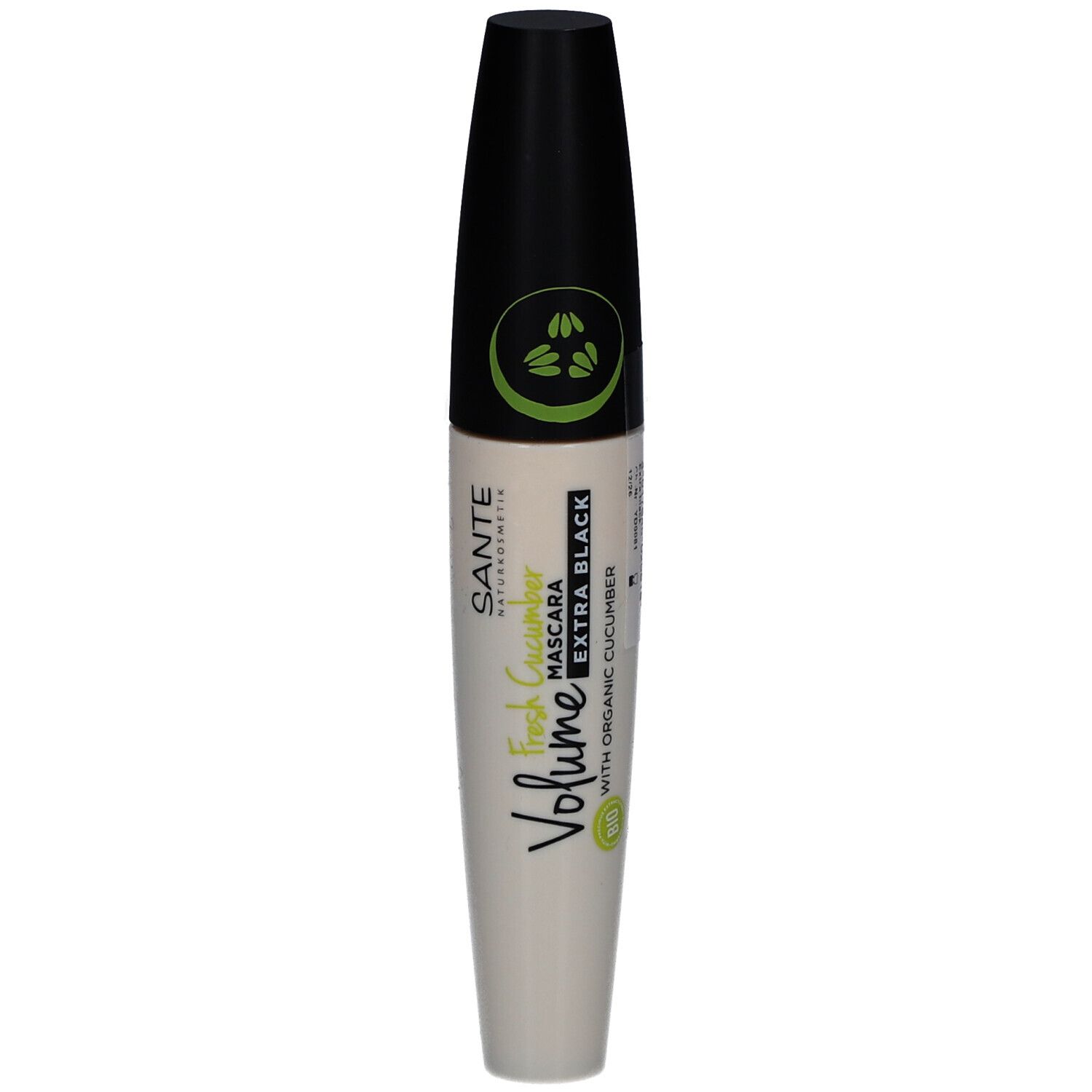 Mascara SANTE Volume Extra Noir à la bio-concombre, flacon blanc avec capuchon noir.