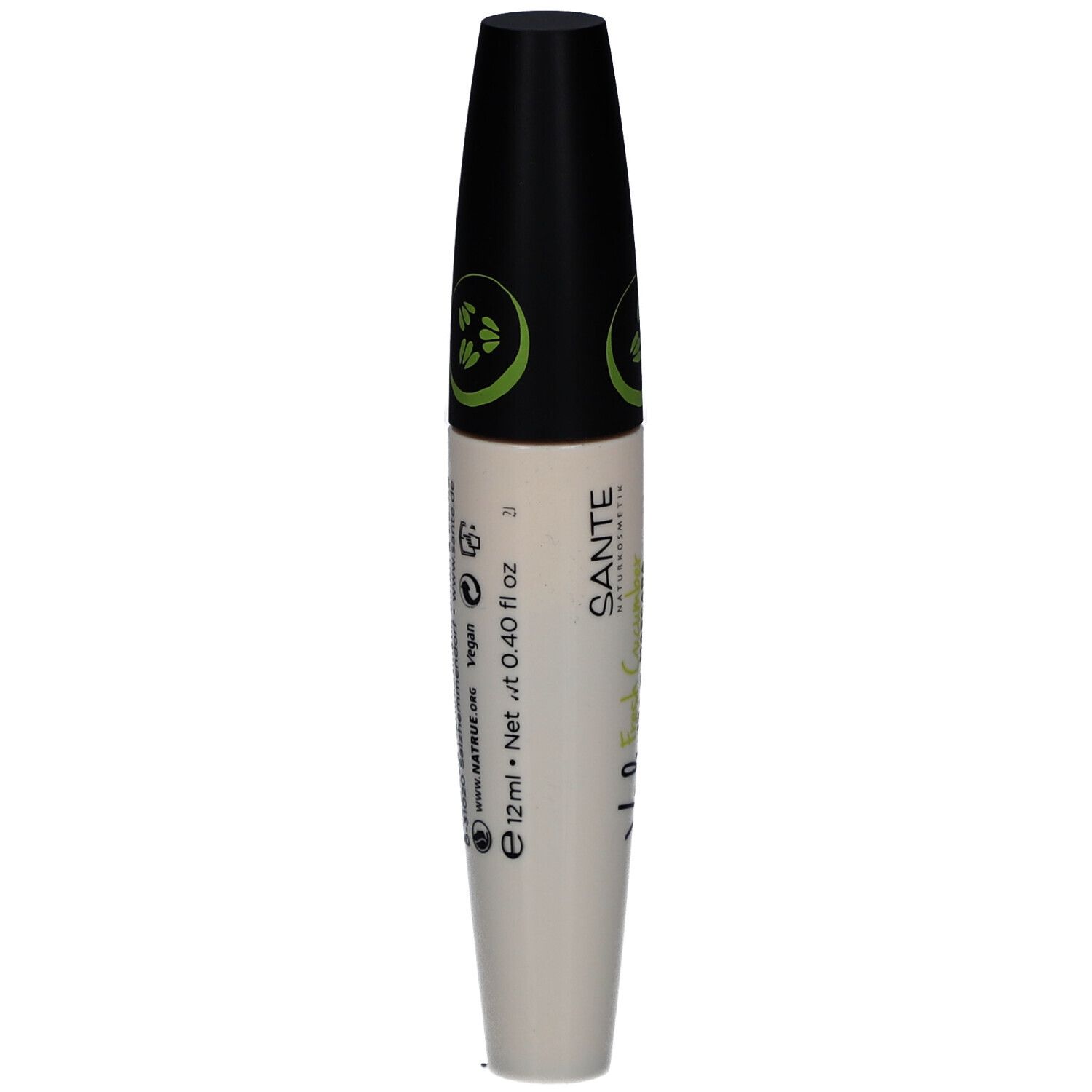 Mascara SANTE Volume Extra Noir, vue latérale avec informations produit et logos.
