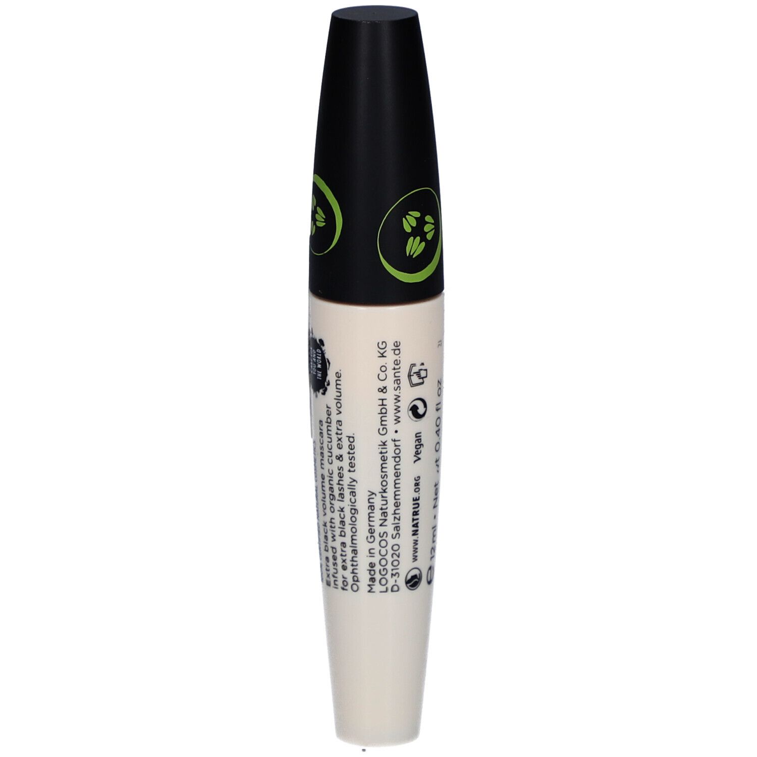 Dos du mascara SANTE Volume Extra Noir à la bio-concombre, fabriqué en Allemagne.
