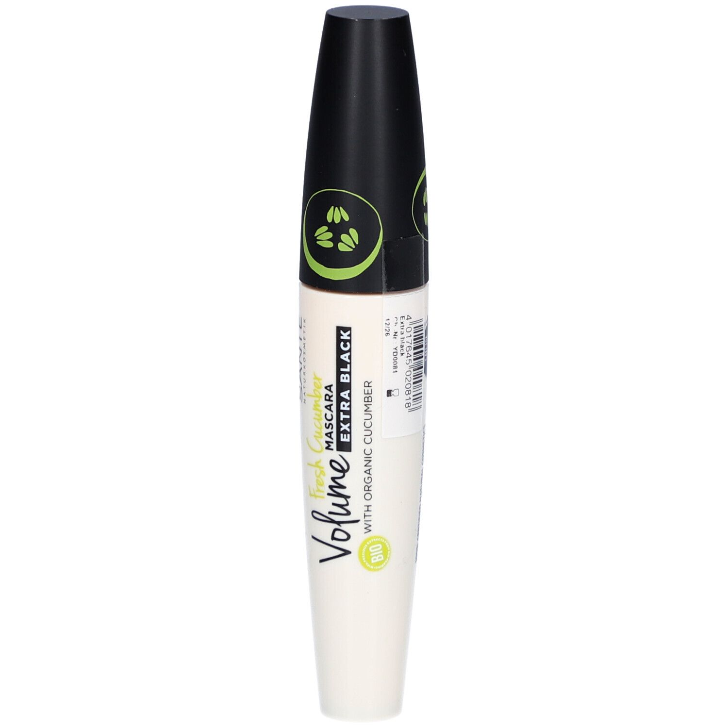 Mascara SANTE Volume Extra Noir à la bio-concombre, flacon blanc avec capuchon noir.