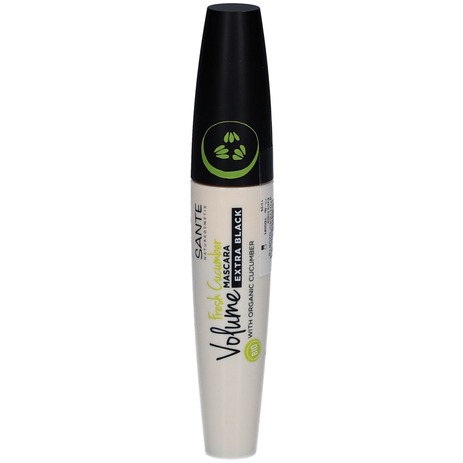 Mascara SANTE Volume Extra Noir à la bio-concombre, flacon blanc avec capuchon noir.