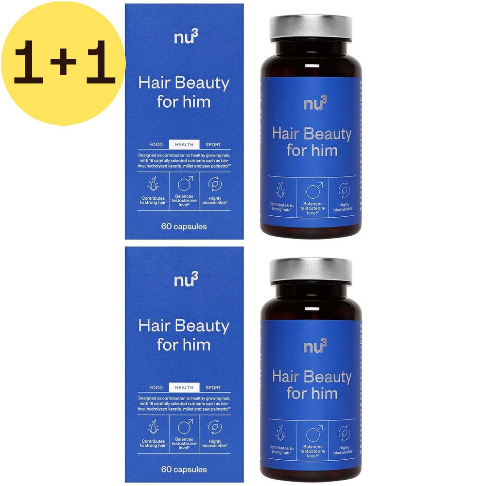 Deux flacons et deux boîtes de nu3 Hair Beauty for him. Emballage bleu avec texte blanc. Gélules.