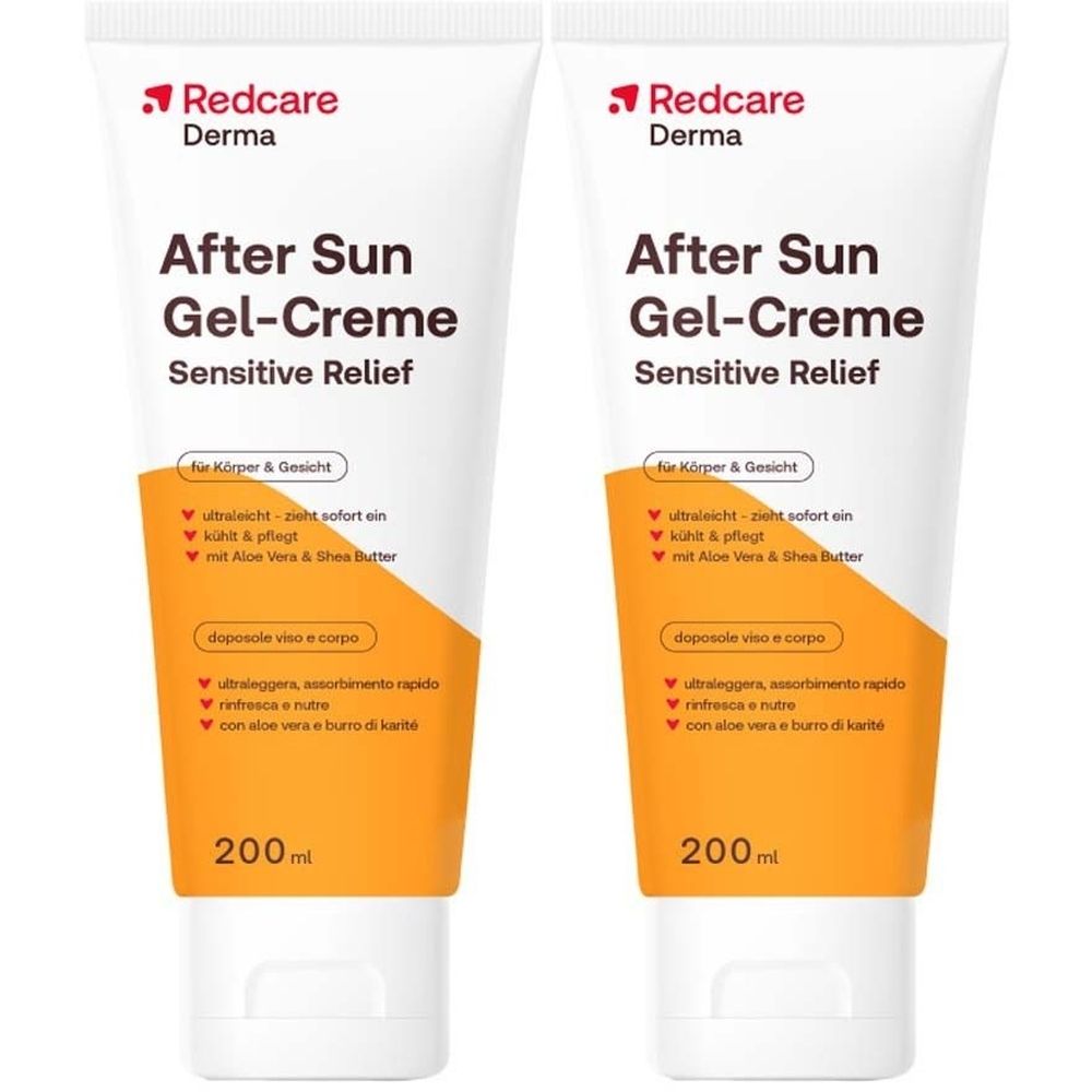 Zwei Tuben After Sun Gel-Creme. Weiß-orangefarbene Verpackung mit Produktnamen und Logo. 200ml.