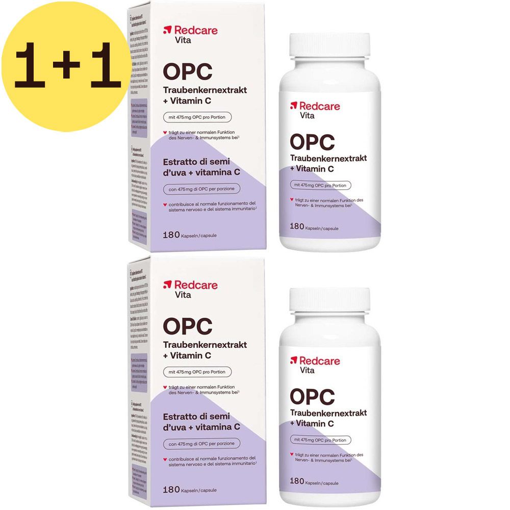 Deux boîtes et deux flacons Redcare Vita OPC Extrait de pépins de raisin + Vitamine C. Inscription : OPC, 180 gélules.