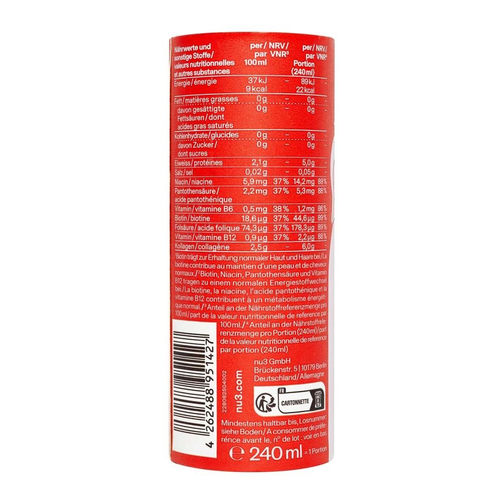 Rückseite der roten zylindrischen Dose. Enthält Nährwertangaben pro 100ml und pro Portion (240ml). Mit Barcode und Herstelleradresse.