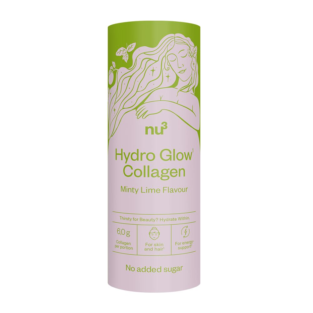 Boîte cylindrique "nu3 Hydro Glow Collagen". Design vert-violet, illustration féminine. "Minty Lime Flavour" et autres informations.