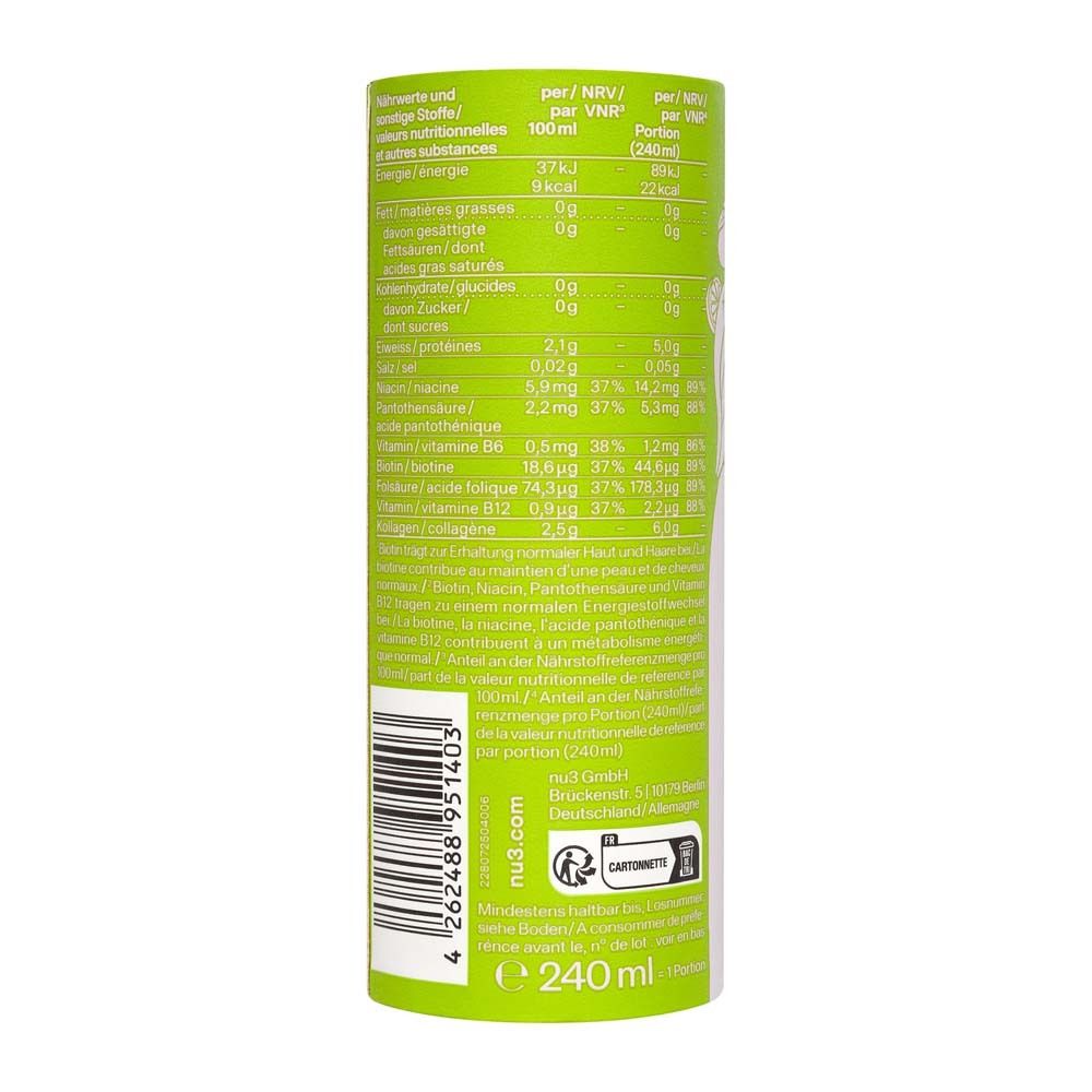 Dos de la boîte. Tableau nutritionnel en allemand. Informations pour 100 ml et par portion (240 ml).