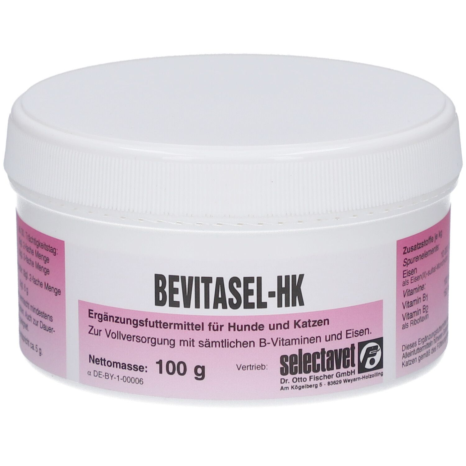 Récipient blanc avec étiquette rose. Inscription: BEVITASEL-HK, complément alimentaire pour chiens et chats. Poids net: 100 g.