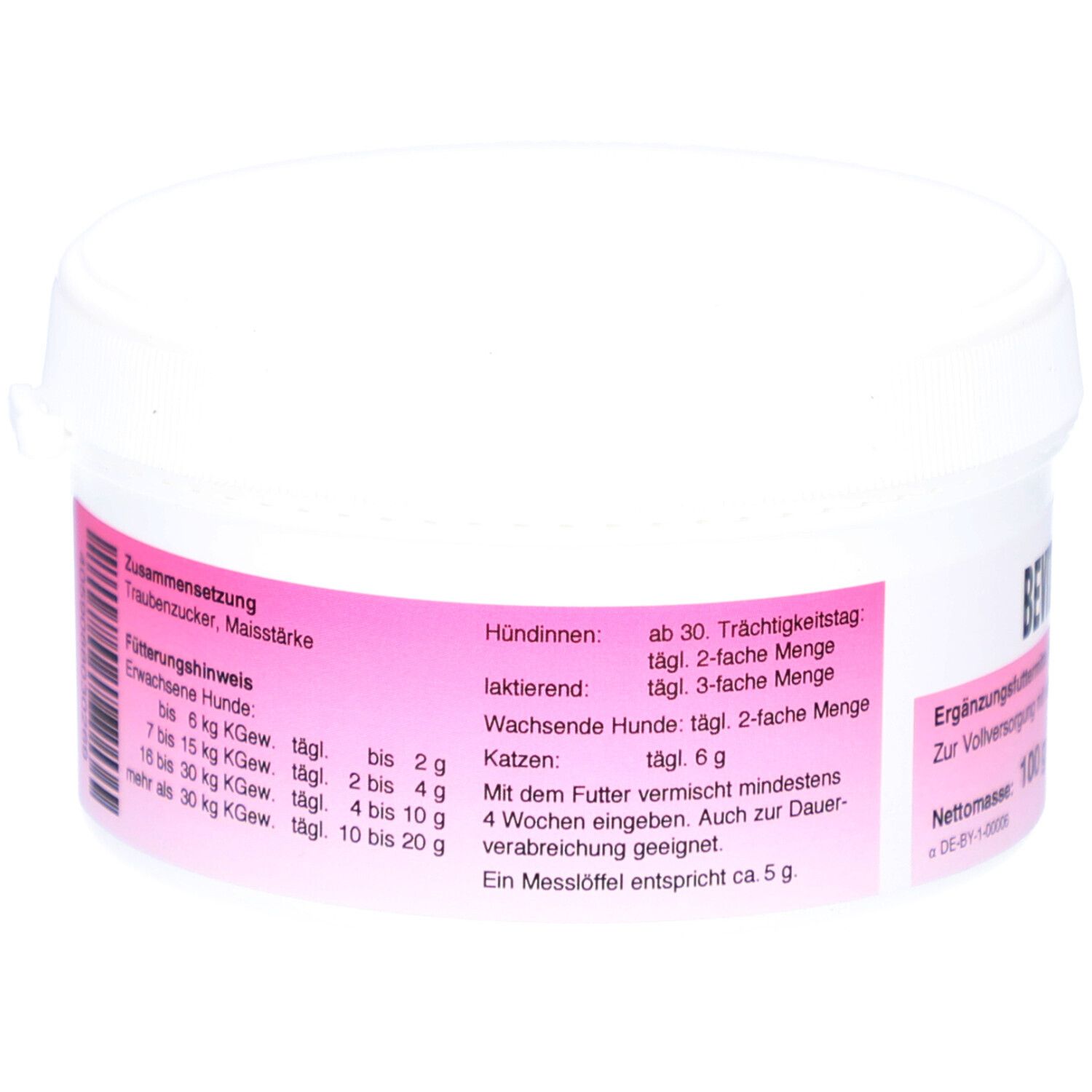 Récipient blanc avec étiquette rose. Texte: Composition, conseils d'alimentation pour chiens et chats, recommandations de dosage.