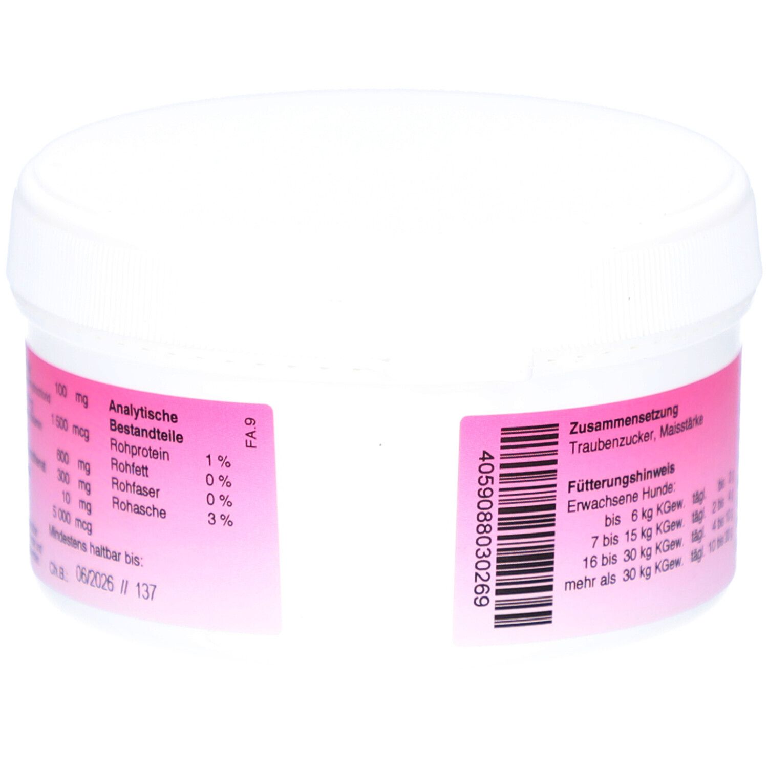 Récipient blanc avec étiquette rose. Texte: Constituants analytiques, conseils d'alimentation, numéro de lot et date de péremption.