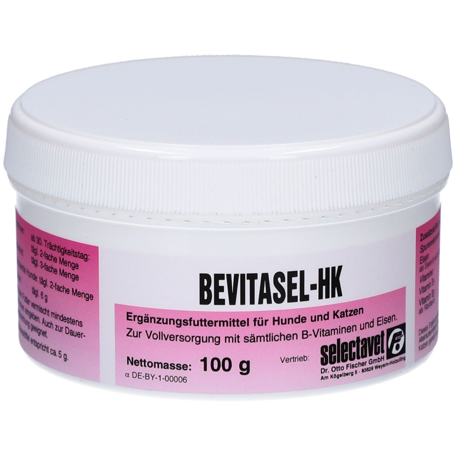 Récipient blanc avec étiquette rose. Inscription: BEVITASEL-HK, complément alimentaire pour chiens et chats. Poids net: 100 g.