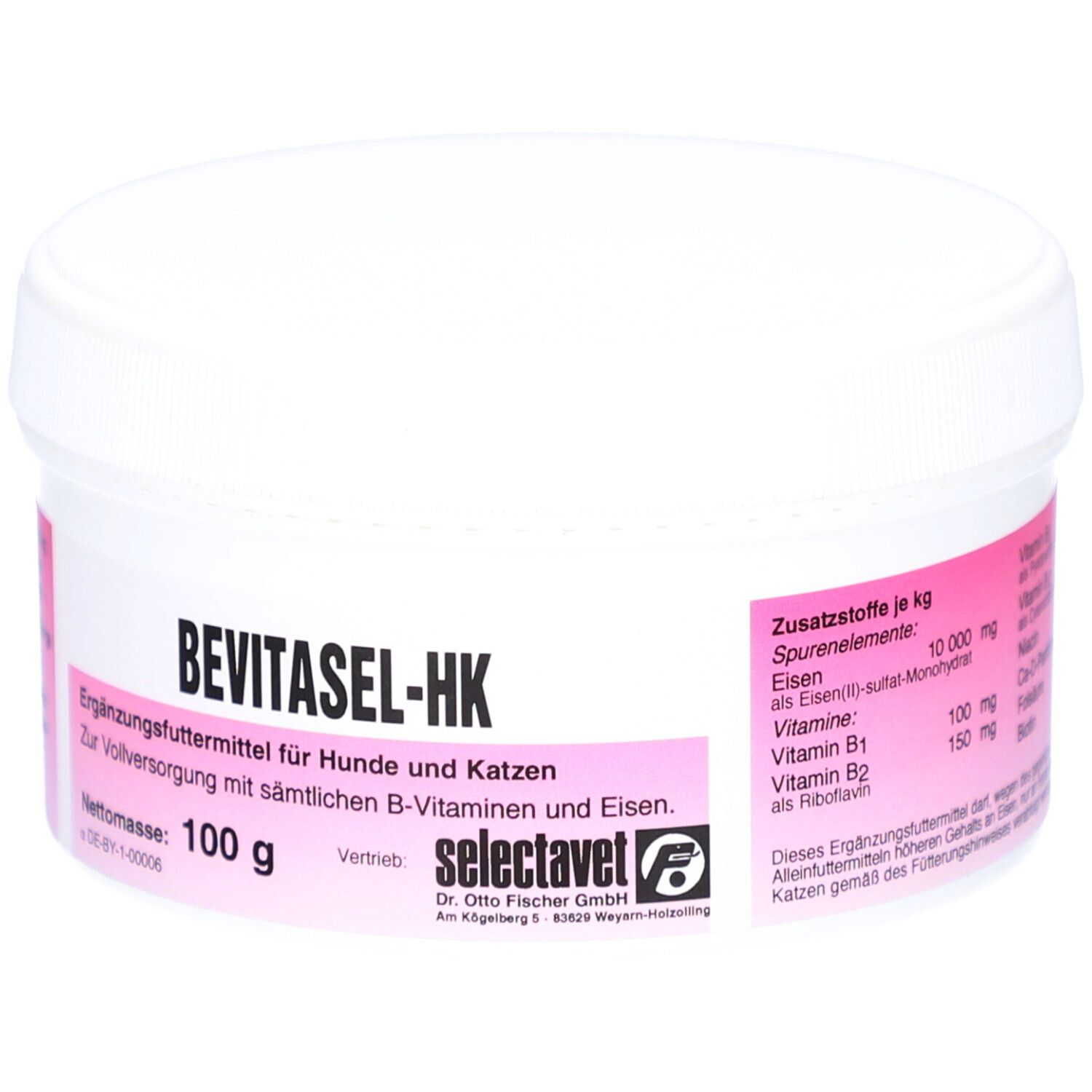 Récipient blanc avec étiquette rose. Inscription: BEVITASEL-HK, complément alimentaire pour chiens et chats. Poids net: 100 g.