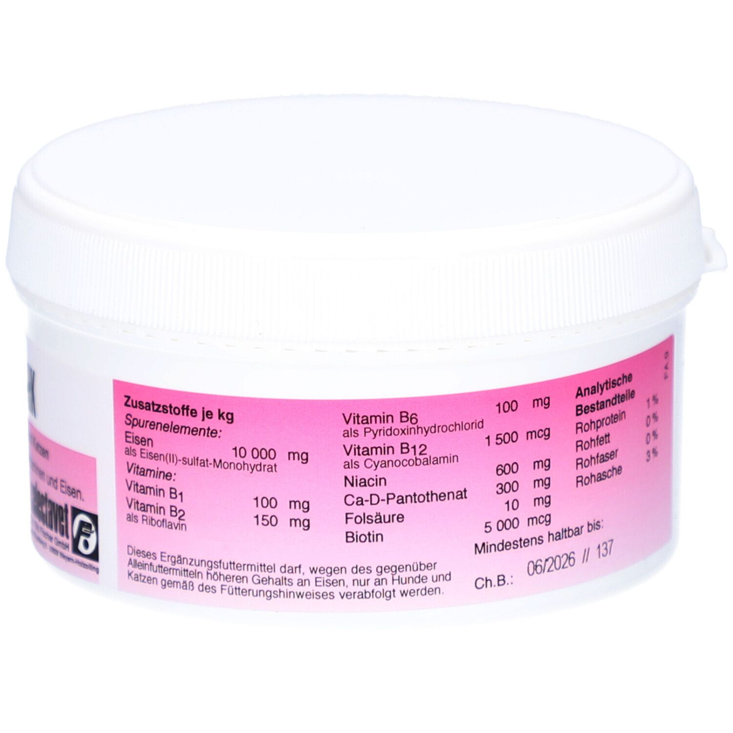 Récipient blanc avec étiquette rose. Texte: Additifs, composants analytiques, date de péremption et numéro de lot.