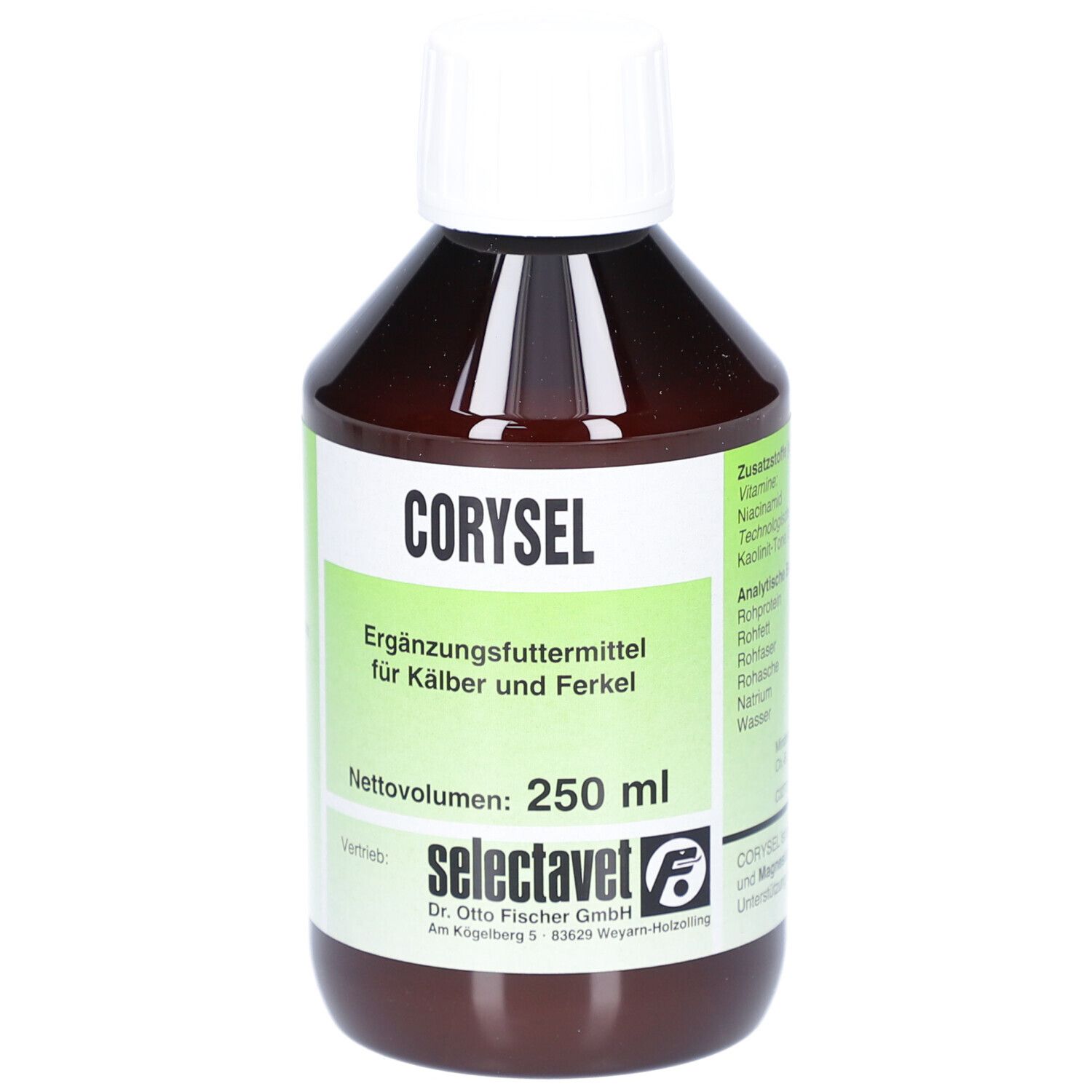 Bouteille marron avec bouchon blanc. Inscription: CORYSEL, aliment complémentaire pour veaux et porcelets. 250 ml. Marque: selectavet.