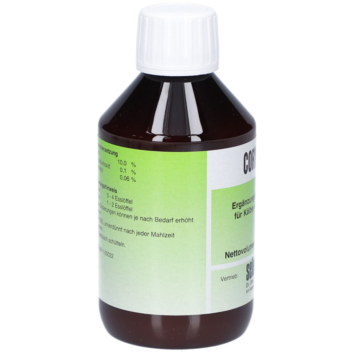 Bouteille marron avec bouchon blanc. Inscription: CORYSEL, aliment complémentaire pour veaux et porcelets. 250 ml. Dos avec ingrédients.