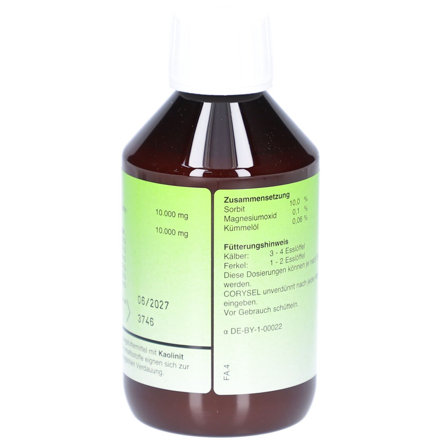 Bouteille marron avec bouchon blanc. Inscription: CORYSEL, aliment complémentaire pour veaux et porcelets. 250 ml. Dos avec ingrédients et dosage.