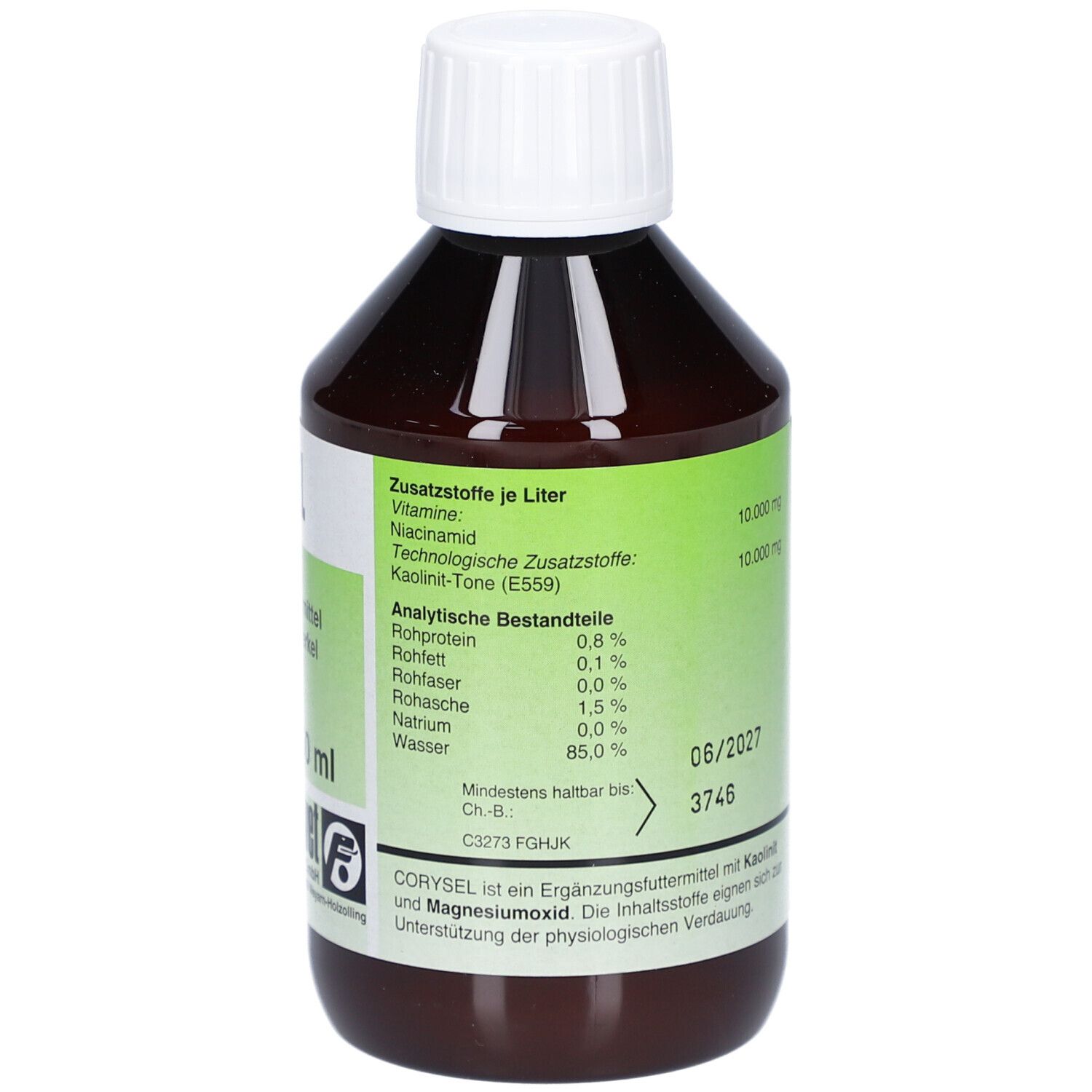 Bouteille marron avec bouchon blanc. Inscription: CORYSEL, aliment complémentaire pour veaux et porcelets. 250 ml. Dos avec ingrédients et analyse.