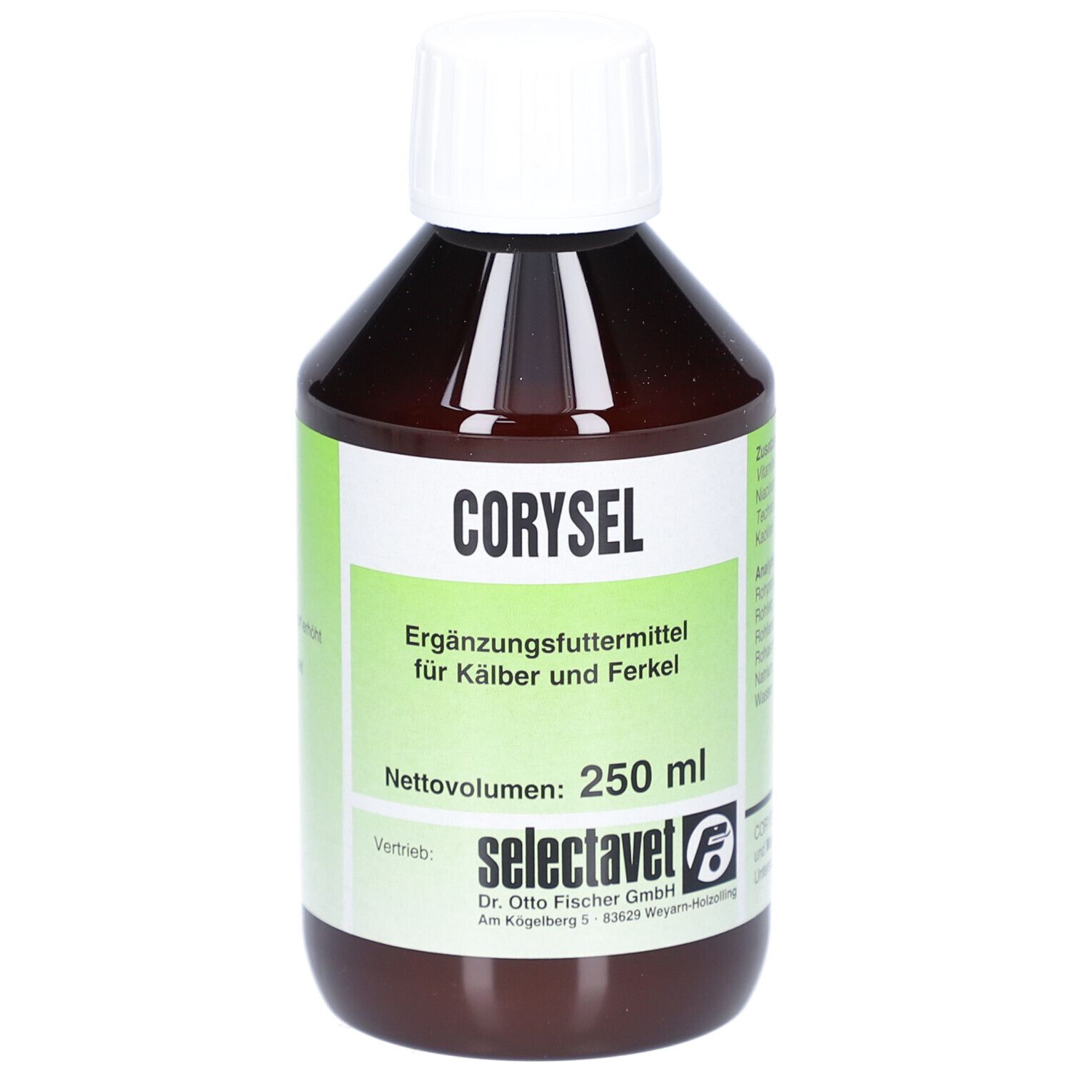 Bouteille marron avec bouchon blanc. Inscription: CORYSEL, aliment complémentaire pour veaux et porcelets. 250 ml. Marque: selectavet.