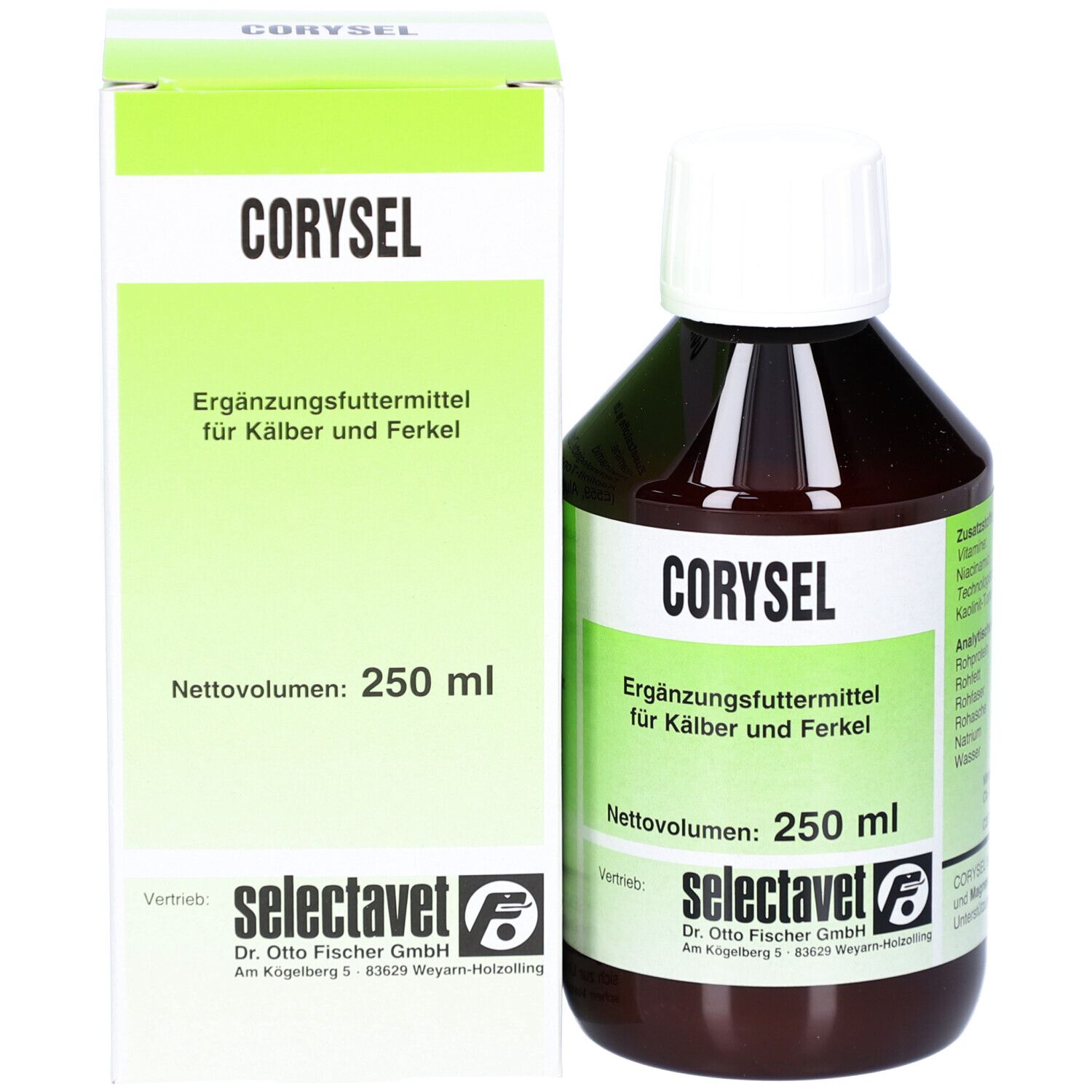 Bouteille et emballage CORYSEL. Inscription: aliment complémentaire pour veaux et porcelets. 250 ml. Marque: selectavet.
