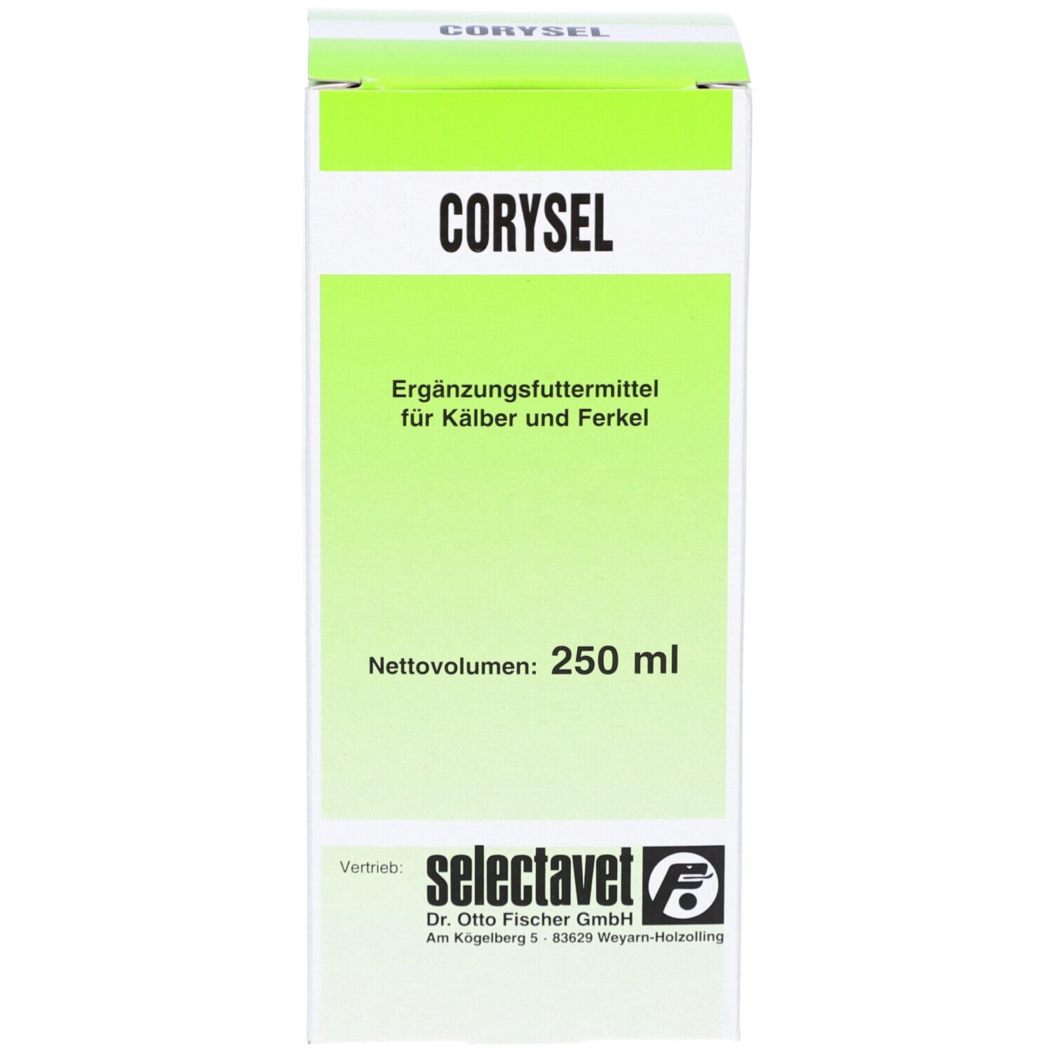 Emballage CORYSEL. Inscription: aliment complémentaire pour veaux et porcelets. 250 ml. Marque: selectavet.