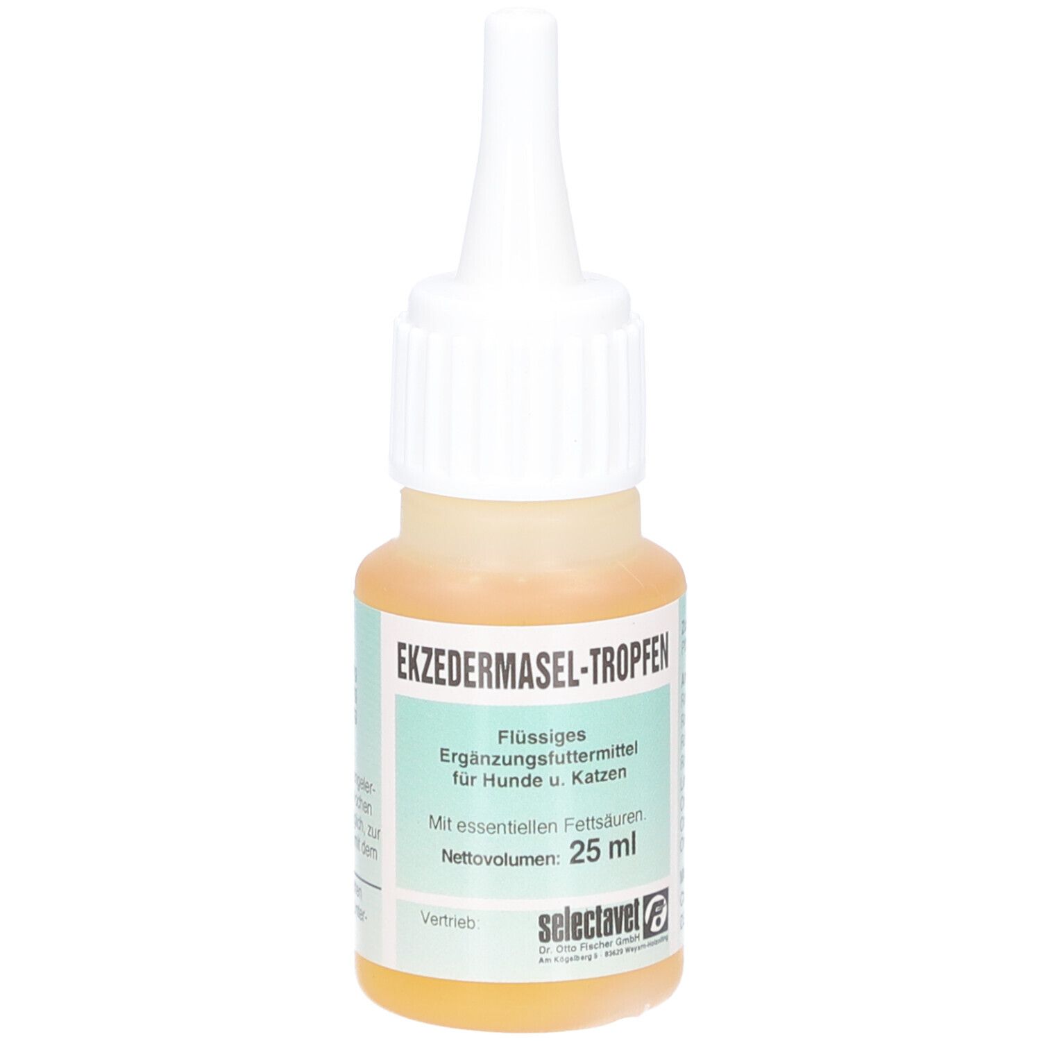 Tropfflasche mit braungelber Flüssigkeit. Aufschrift: EKZEDERMASEL-TROPFEN. Ergänzungsfuttermittel für Hunde u. Katzen. 25 ml.