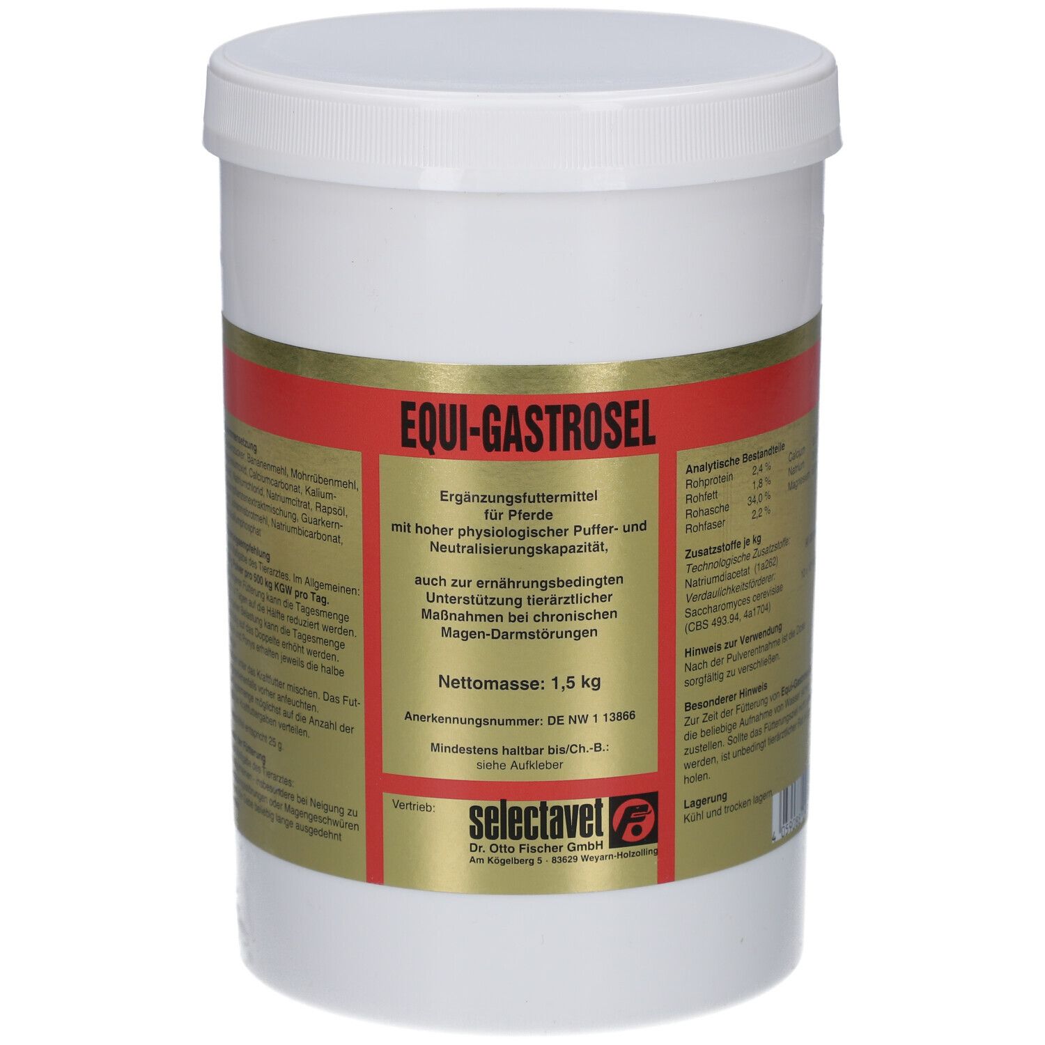 Weißer Eimer mit rotem und goldenem Etikett. Aufschrift: EQUI-GASTROSEL. Nettomasse: 1,5 kg. Marke: selectavet.