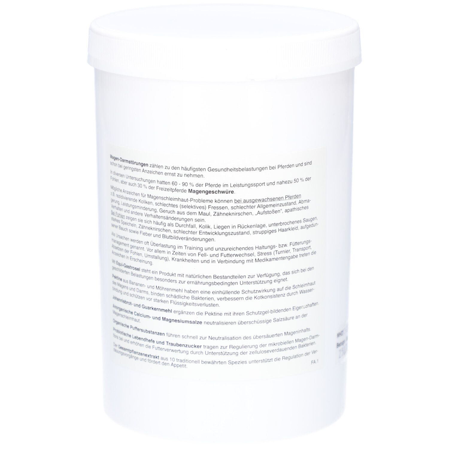 Weißer Eimer mit Text. Informationen zu Magen-Darm-Erkrankungen bei Pferden. Text über Inhaltsstoffe und Anwendung.