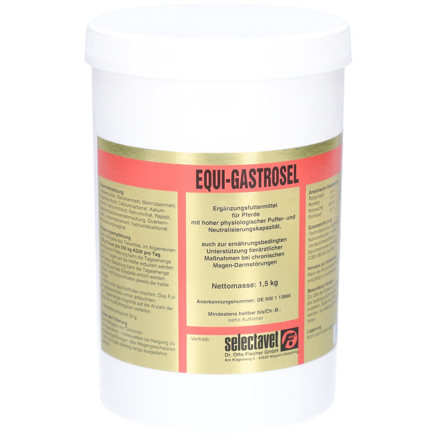 Weißer Eimer mit rotem und goldenem Etikett. Aufschrift: EQUI-GASTROSEL. Nettomasse: 1,5 kg. Marke: selectavet.