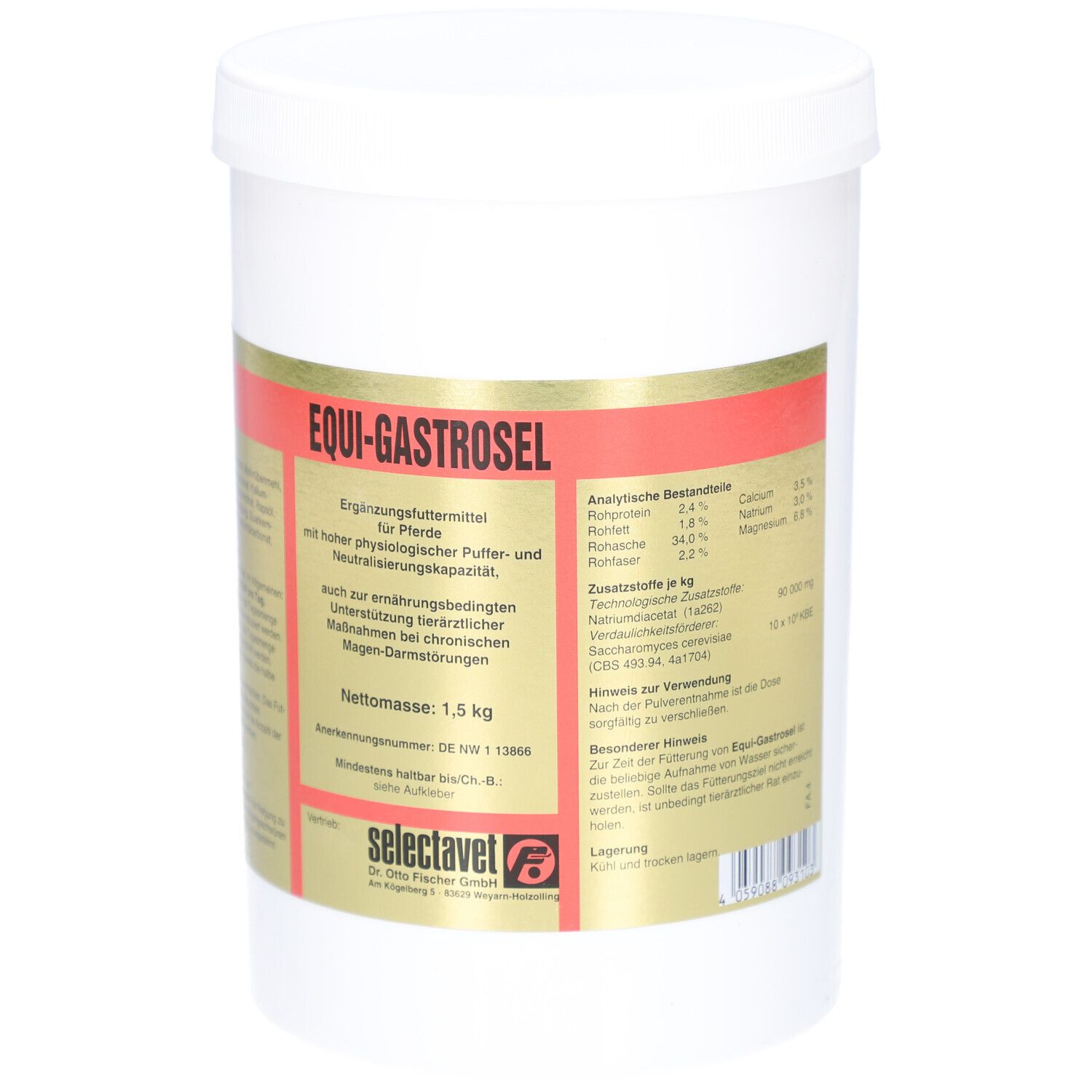 Weißer Eimer mit rotem und goldenem Etikett. Aufschrift: EQUI-GASTROSEL. Nettomasse: 1,5 kg. Marke: selectavet. Analytische Bestandteile.