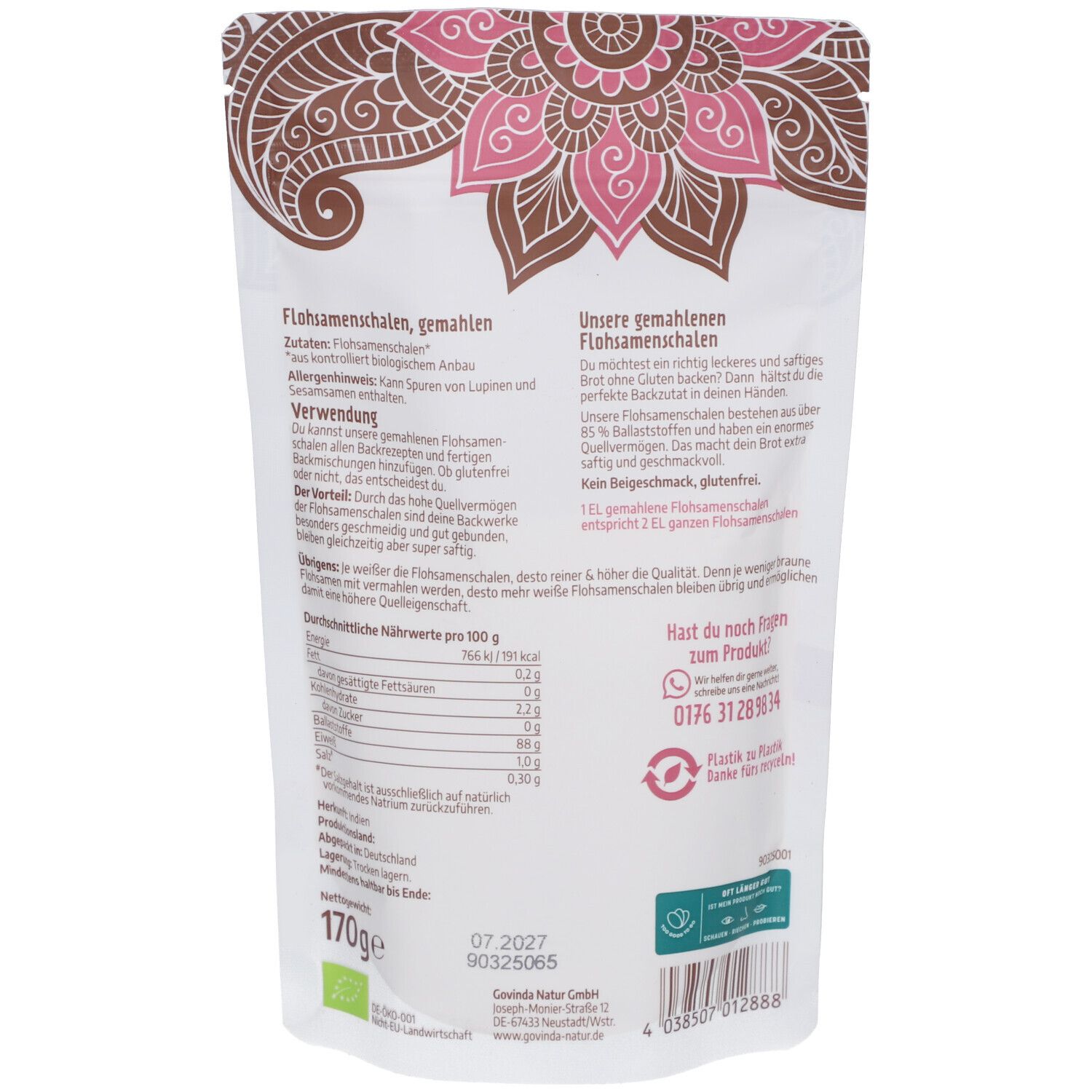 Rückseite der Verpackung von Govinda Flohsamenschalen gemahlen. Text in deutscher Sprache. Enthält Nährwertangaben und Kontaktinformationen.