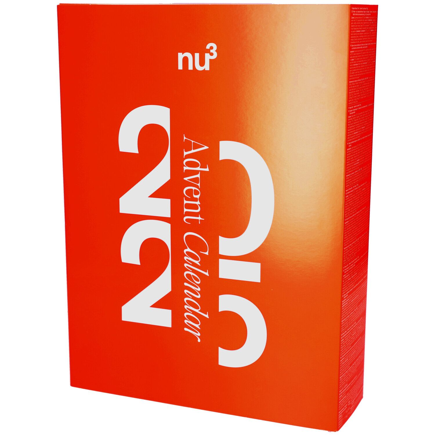 Orangefarbener Adventskalender mit weißer Aufschrift: nu3, 2025, Adventskalender. Rechteckige Form.