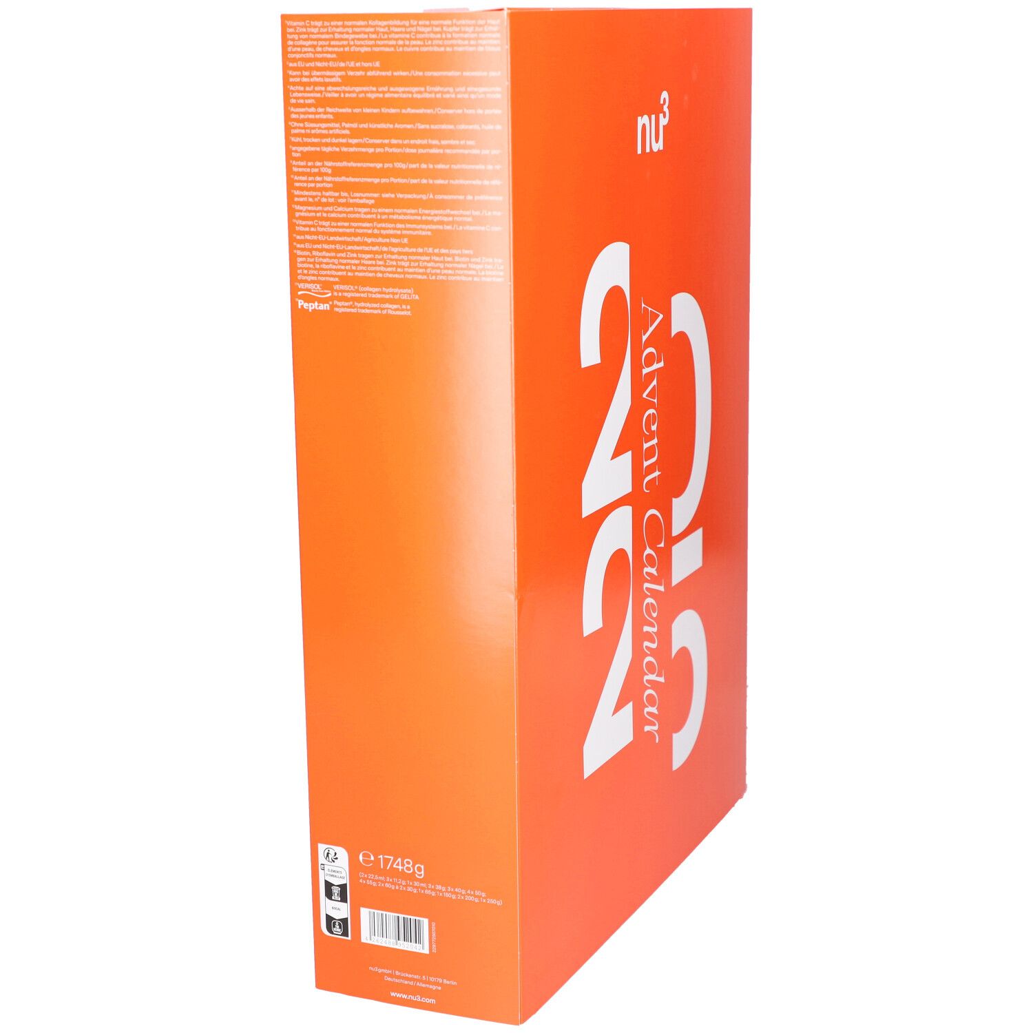 Orangefarbener Adventskalender mit weißer Aufschrift. Seitenansicht. Text auf der Seite.