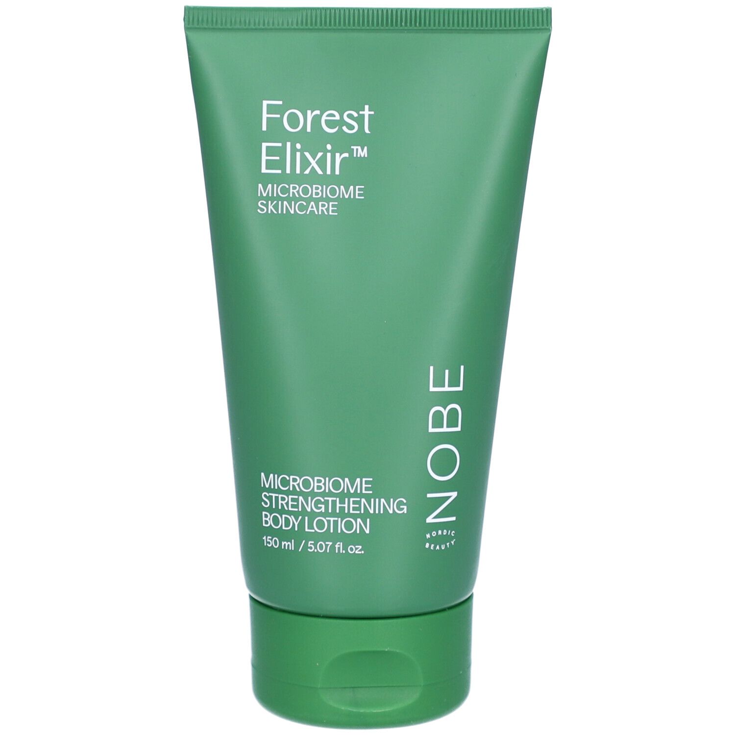 Grüne Tube mit weißem Aufdruck: Forest Elixir, Microbiome Skincare, NOBE, Microbiome Strengthening Body Lotion.