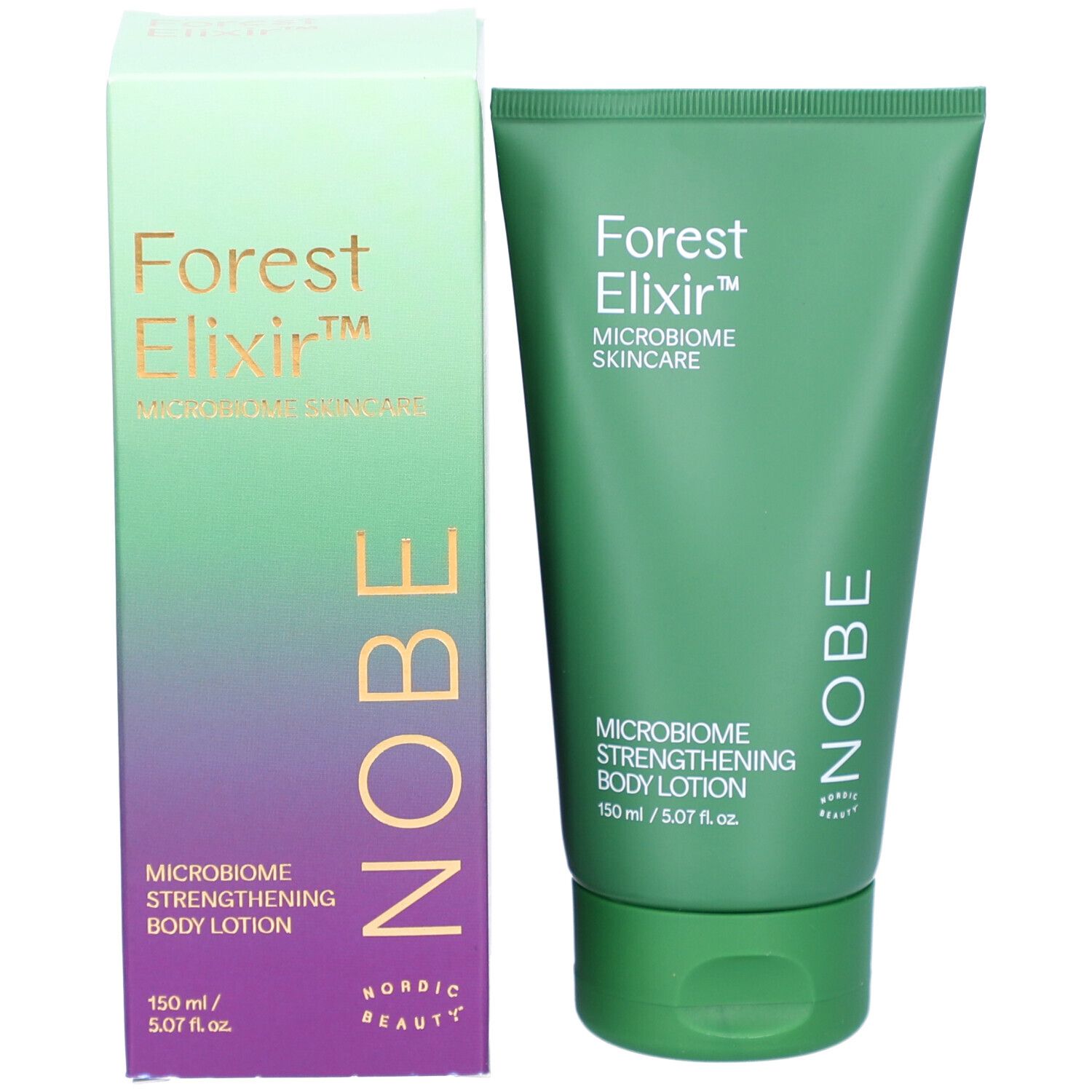 Grüne Tube und rechteckige Box für NOBE Forest Elixir Microbiome Strengthening Body Lotion.