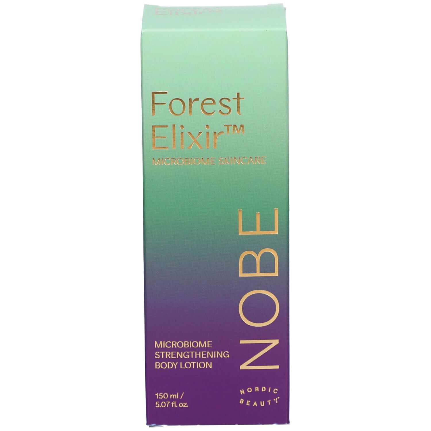 Verpackungsbox für NOBE Forest Elixir Microbiome Strengthening Body Lotion mit Farbverlauf.