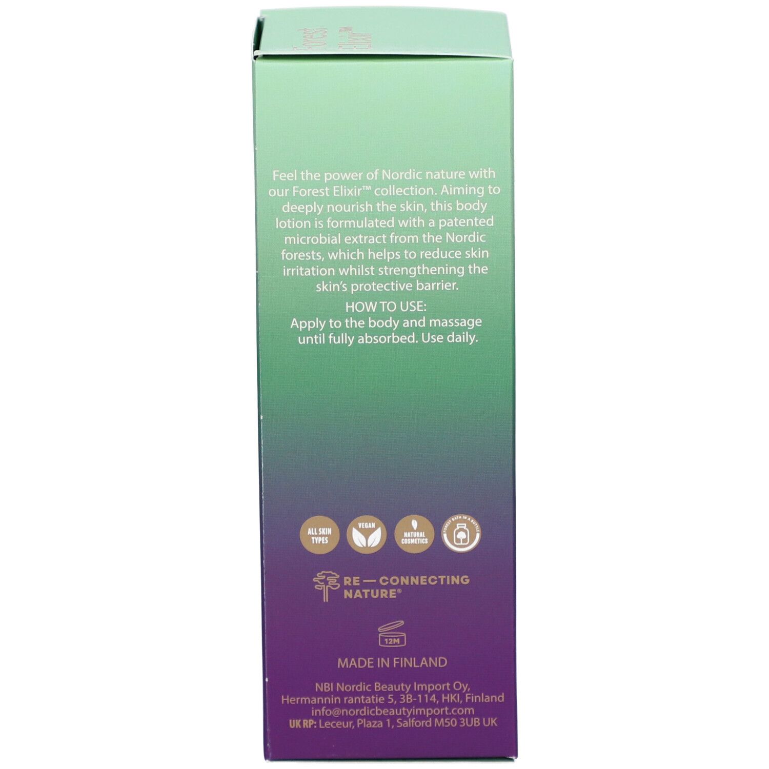 Seite der NOBE Forest Elixir Box mit Beschreibung, Anwendungshinweisen und Siegeln.