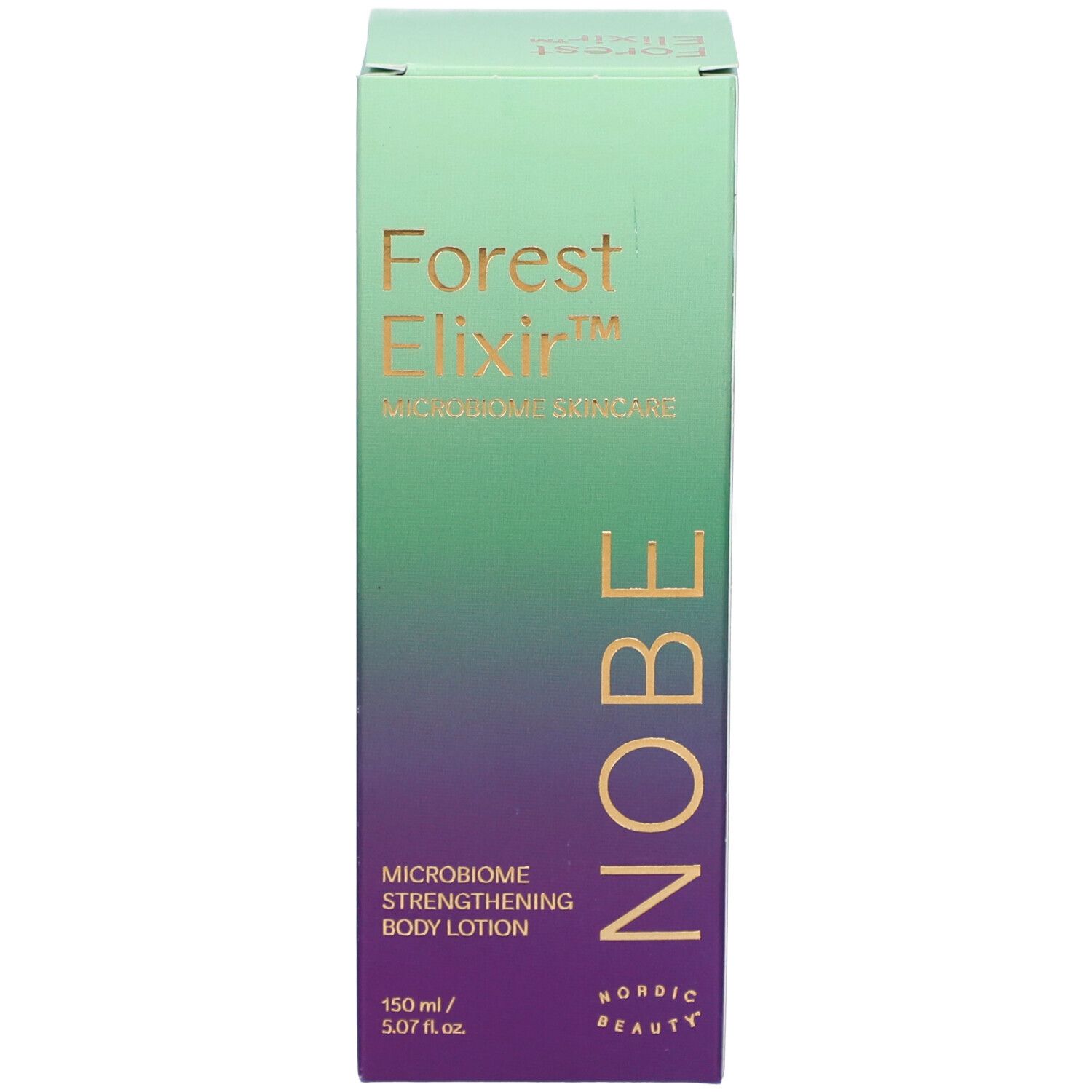 Seitenansicht der NOBE Forest Elixir Box mit Inhaltsstoffen und Zertifizierungen.